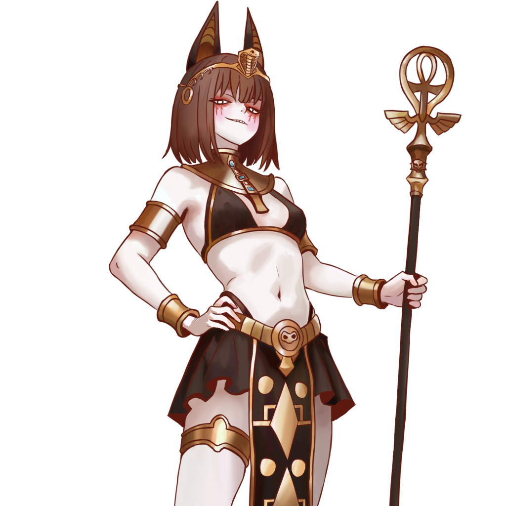 1girl, 1girls, 2026, ankh, armband, armbands, artlongon, bikini armor, black bikini, black skirt, blush, bob cut, brown hair, chara, chara (undertale), cleavage, curvy, egyptian, egyptian clothes, female, female chara, female only, gold armor, gold belt, hand on hip, jackal ears, looking at viewer, midriff, miniskirt, pale skin, red eyes, revealing clothes, short hair, skirt, smirk, solo, standing, tagme, thick thighs, thigh cuffs, toned, undertale, undertale (series), wrist cuffs