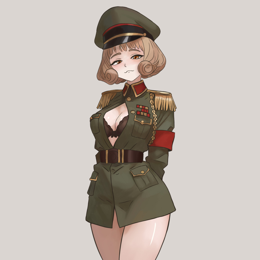 1girl, artlongon, blonde hair, blush, brown bra, cleavage, countrypersons, curly hair, curvy, exposed cleavage, green uniform, hazel eyes, large breasts, military girl, military officer, national personification, open jacket, peaked cap, russia (countryhumans), russian, shiny skin, short hair, short skirt, smirk, solo, thick thighs, wide hips