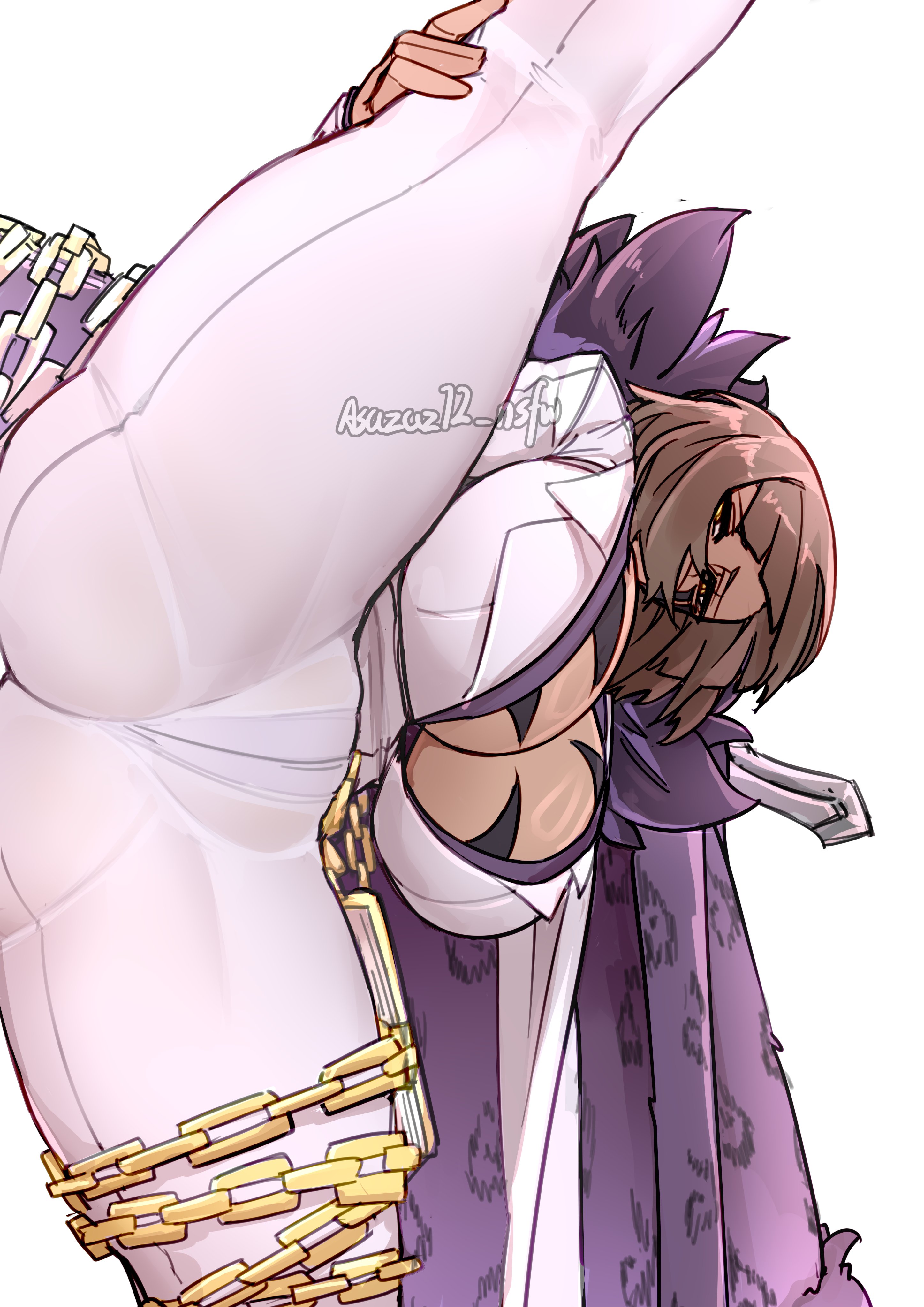 1girls, asazaz12 nsfw (artist), ass, big ass, big breasts, big butt, breasts, brown hair, clothed, clothing, female, female only, fully clothed, limbus company, looking at viewer, orange eyes, outis (limbus company), panties, panties visible through clothing, project moon, simple background, standing, standing on one leg, tattoo, the middle (identity) (project moon), white background, white clothing