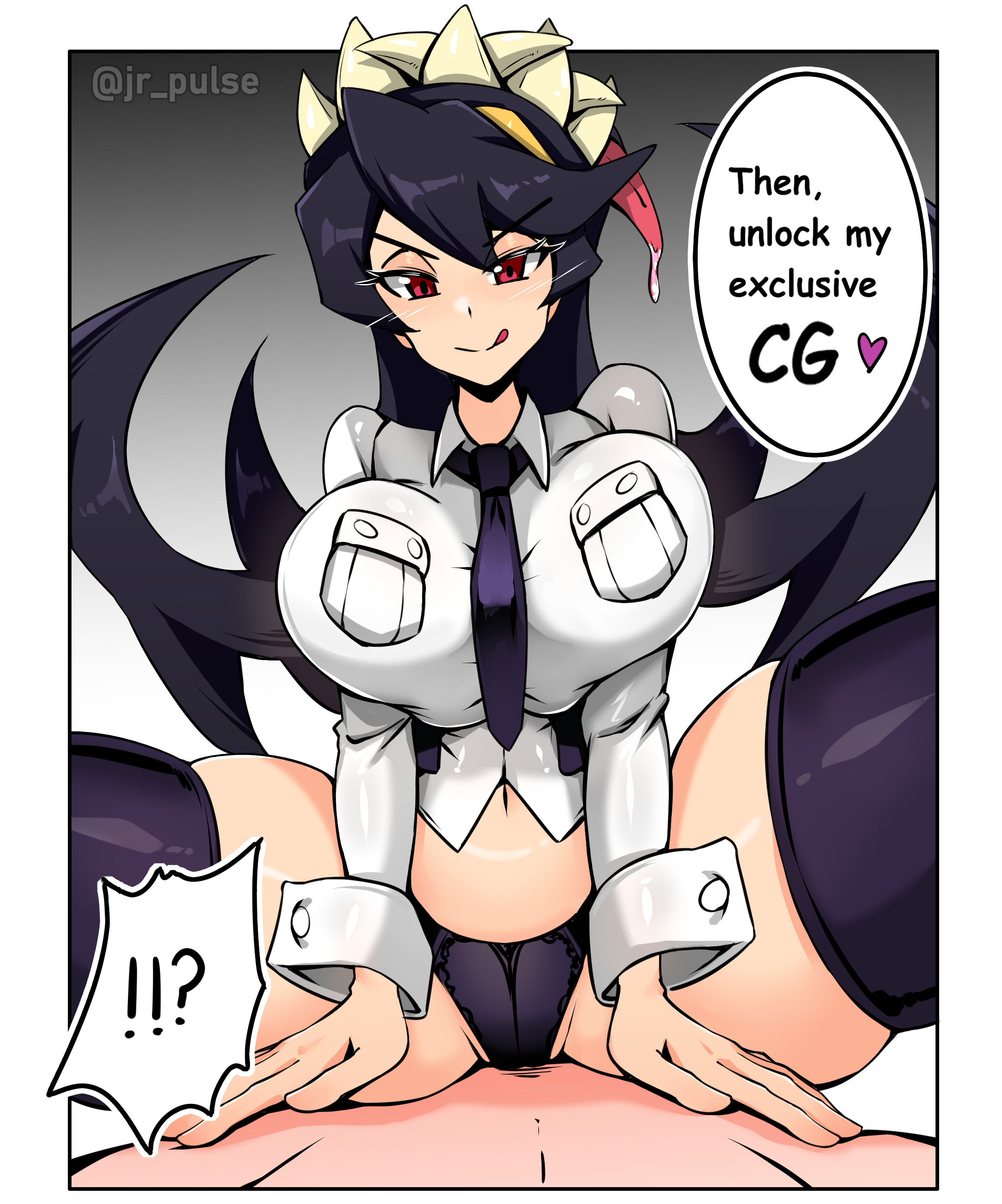 1boy, 1boy1girl, 1girl1boy, 1girls, 2026, 2d, artist name, artist signature, black hair, blush, breasts, comic, comic page, female, filia (skullgirls), jrpuls3, large breasts, long hair, male, navel, necktie, panties, red eyes, samson (skullgirls), school uniform, schoolgirl, skullgirls, smile, tagme, text, text bubble, thick thighs, thighhighs, thighs, tie, tongue