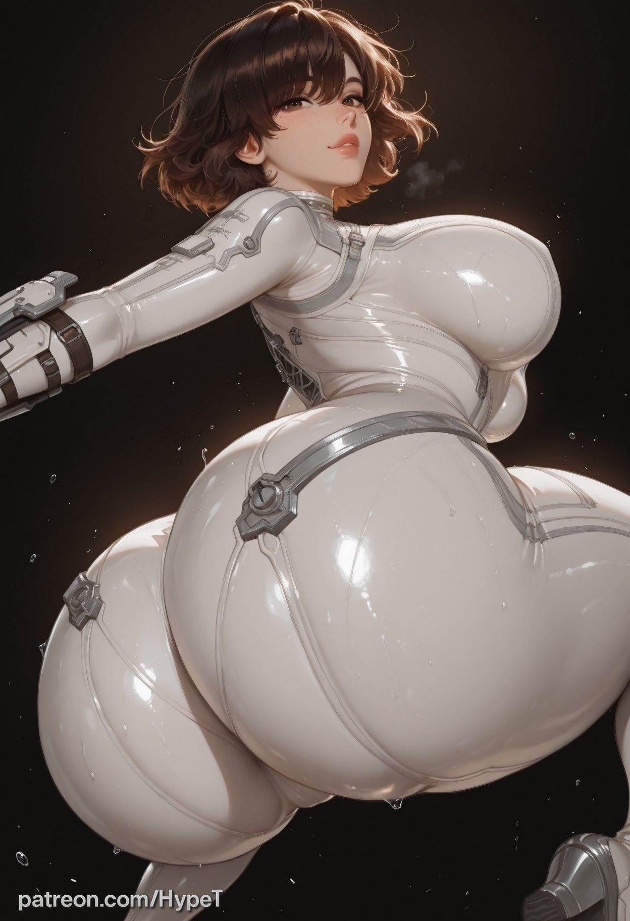 1girl, ai generated, alternate version at source, asian, asian female, ass focus, back view, big ass, big breasts, big butt, big hips, bodysuit, brown hair, child bearing hips, clothing, evie (stellar blade), fat ass, handwear, hips wider than shoulders, huge ass, human, hypet, jump, pale skin, plugsuit, shift up, shiny, shiny skin, short hair, simple background, skintight, skintight clothing, steam, steaming body, stellar blade, stellar blade: blood rain, tagme, thick, thick ass, thick hips, thick legs, thick thighs, thighs, tight clothing, tomboy, white bodysuit, wide hips