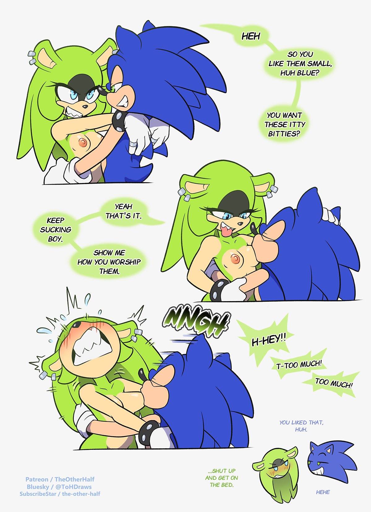 1boy 1girls anthro blue_fur breast_sucking dialogue female green_fur gritted_teeth male nude sega small_breasts sonic_(series) sonic_the_hedgehog sonic_the_hedgehog_(series) surge_the_tenrec text the_other_half