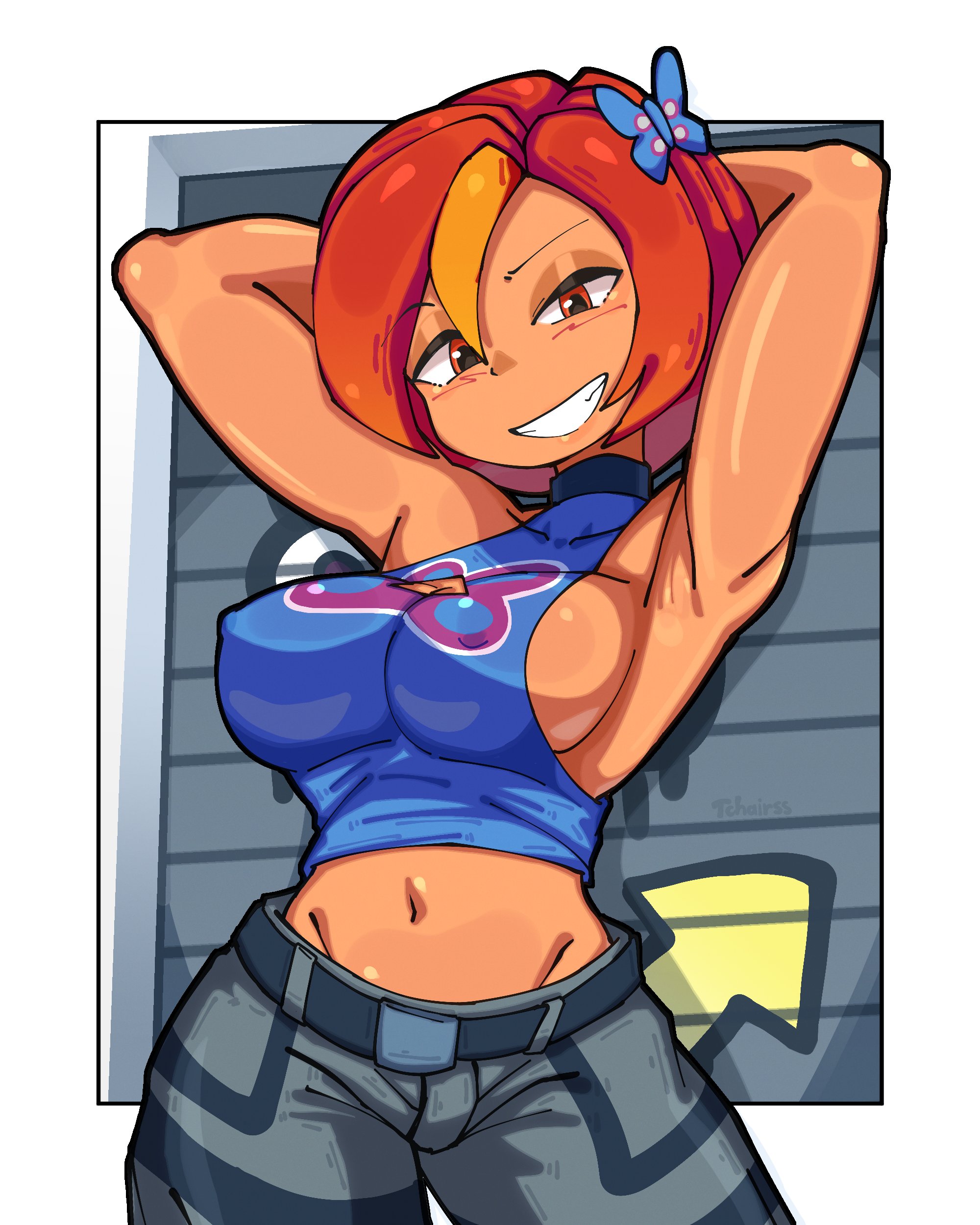armpits, arms up, blush, breasts, brown eyes, butterfly (planetronika), butterfly hair ornament, fit, fit female, hands behind head, large breasts, looking at viewer, navel, orange hair, planetronika, short hair, slim waist, smile, tagme, tan body, tank top, tchairss, voluptuous, wide hips