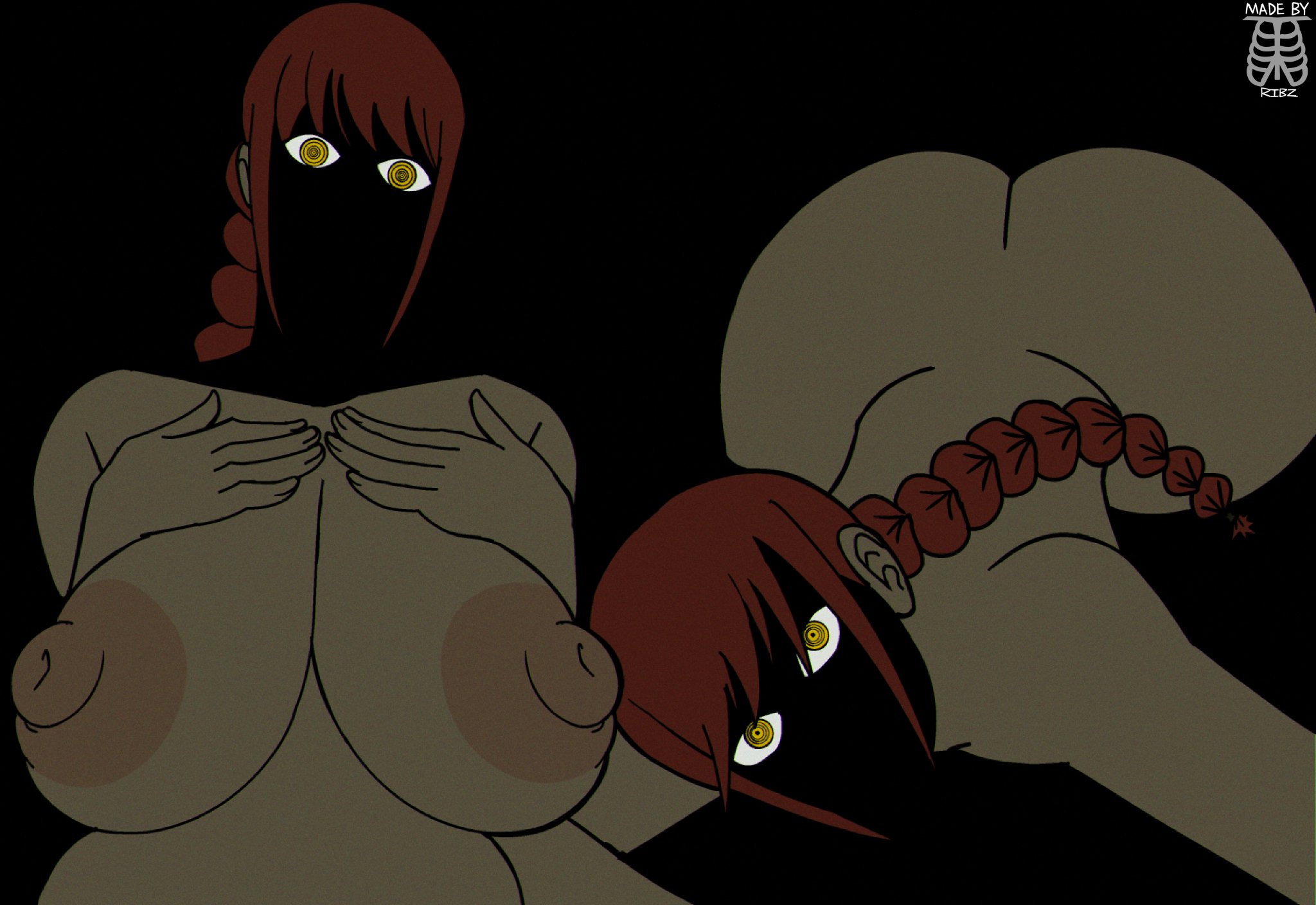 1girls, 2d, 2d (artwork), alternate version available, areola, areolae, banana breasts, big ass, big breasts, big butt, breasts, bubble ass, bubble butt, chainsaw man, completely nude, completely nude female, female, female only, hands on breasts, hidden face, huge ass, huge breasts, huge butt, looking at viewer, makima (chainsaw man), naked, naked female, nude, nude female, orange eyes, presenting, presenting ass, presenting breasts, presenting butt, red hair, ribznsfw, solo, solo female, static