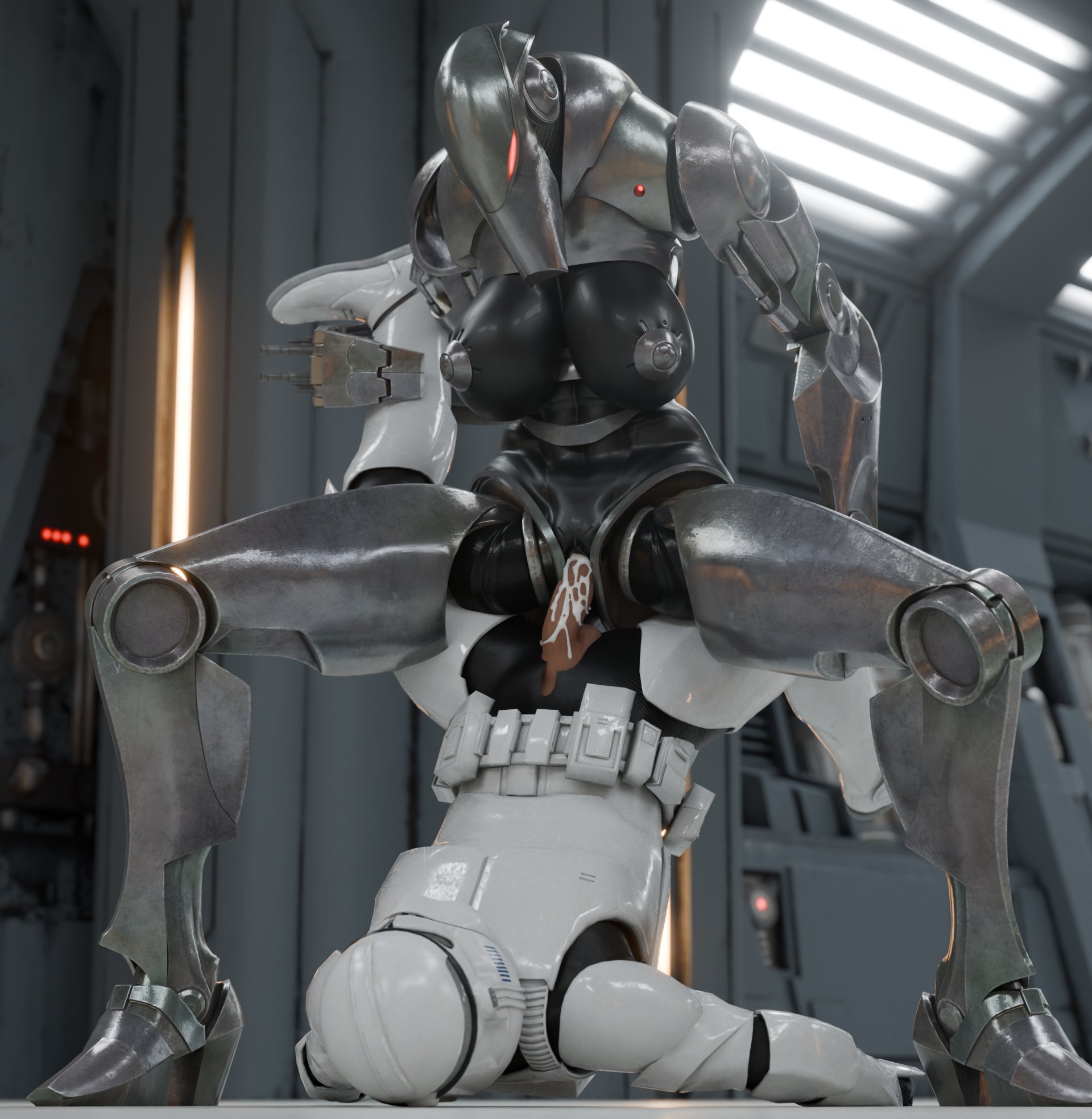 1girls, 2026, 3d, 3d (artwork), 3d render, amazon position, armor, b2 super battle droid, battle droid, big breasts, breasts, clanker, clone trooper, dark-skinned male, droid (star wars), female, male, nipples, pussy, robot, robot girl, robot joints, soundpunk501, star wars, thick thighs
