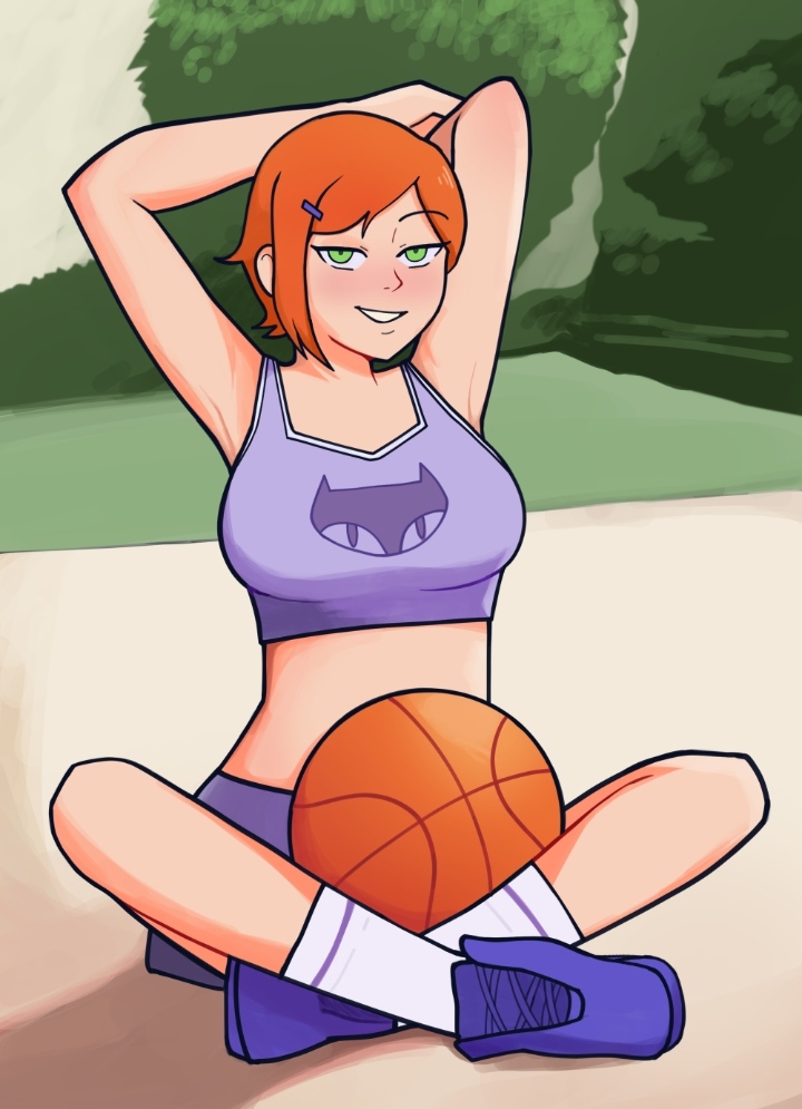 2020s, 2026, 2d, aionarap, arms up, basket, basketball, basketball uniform, ben 10, ben 10 (classic), cartoon network, cousin, crop top, female, female only, ginger, ginger hair, green eyes, gwen tennyson, gwen tennyson (classic), human, light skin, light-skinned female, looking back, more at source, orange hair, reference image, short hair, skirt, sleeveless, solo, twitter link, western cartoon