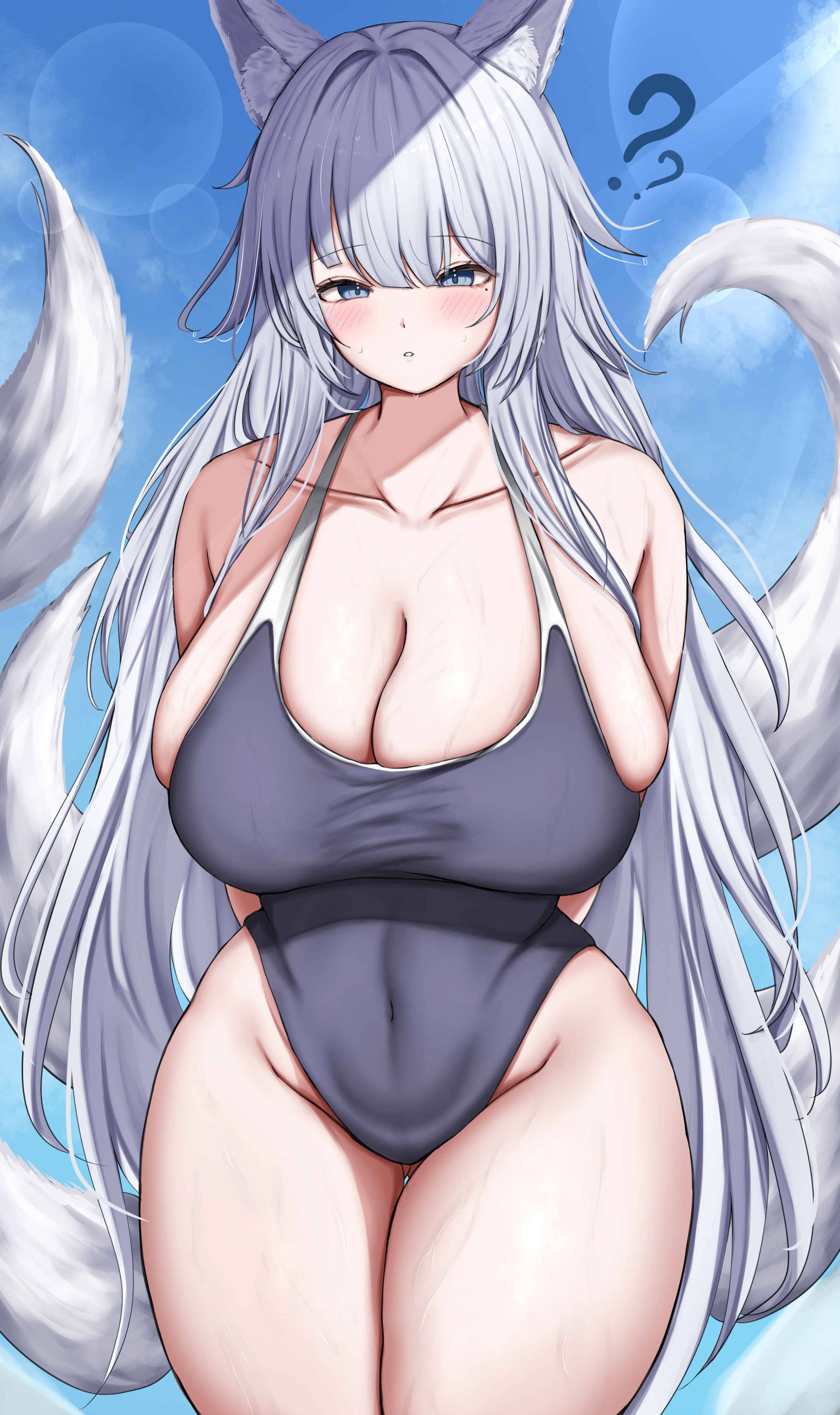 ?, 1girl, absurdres, alternate costume, animal ears, arms behind back, azur lane, black one-piece swimsuit, blue eyes, blush, breasts, cleavage, collarbone, commentary request, covered navel, cowboy shot, fox ears, fox tail, gluteal fold, highres, huge breasts, long hair, looking at viewer, mole, mole under eye, one-piece swimsuit, parted lips, samidarekinoko, shinano (azur lane), solo, swimsuit, tail, thick thighs, thigh gap, thighs, white hair, wide hips