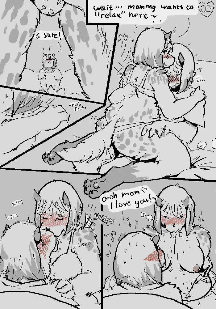 age_difference anthro big_breasts breasts canine clothing comic dialogue drooling female fur grey_fur hand_on_thigh incest kissing male mammal mature mother mother_and_son mrs._krita panties parent paru_(artist) saliva son sudd sweat underwear