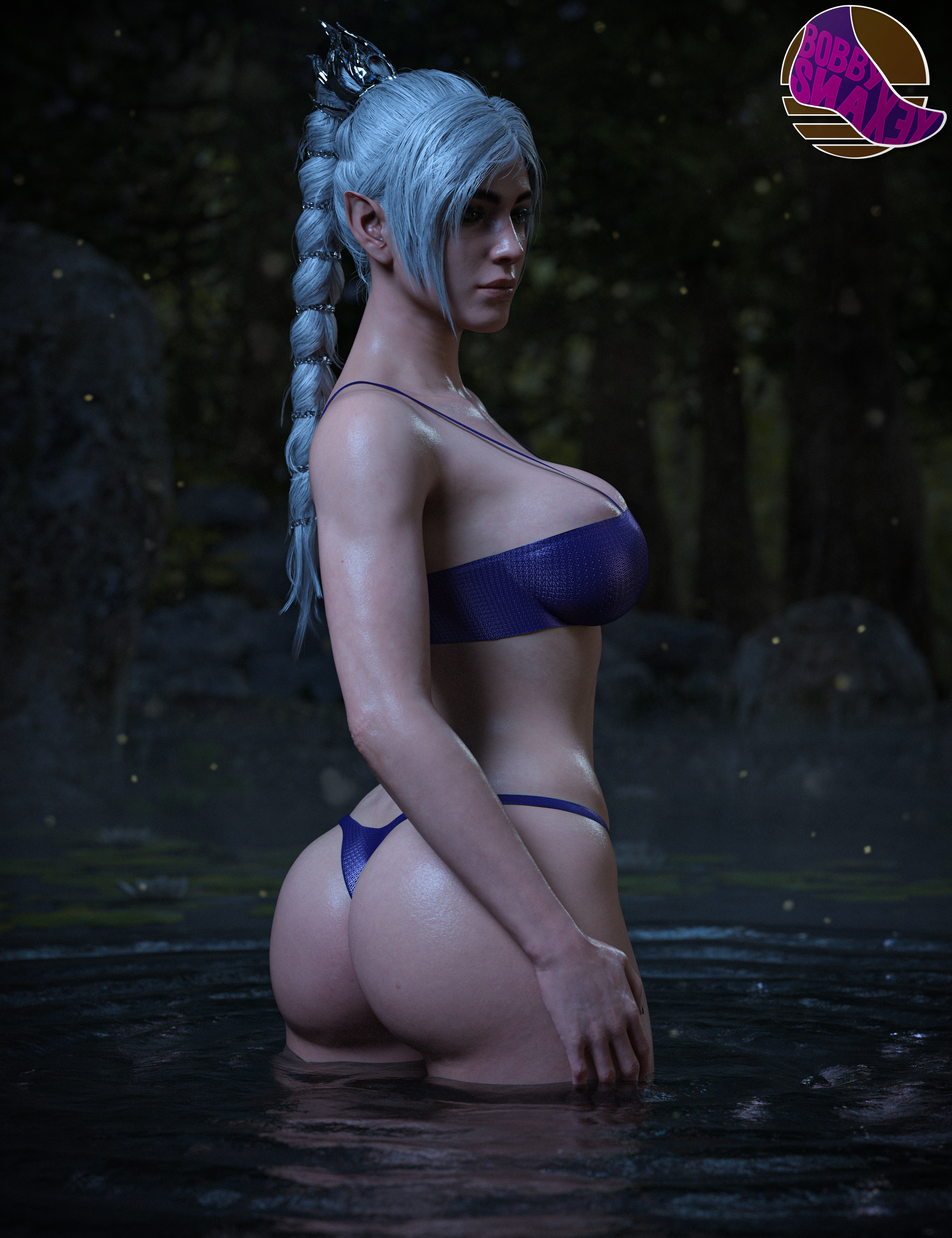 1girls, 3d, 3d render, ass, baldur's gate 3, bangs, big breasts, bobbysnaxey, braid, bubble butt, dungeons and dragons, elf, female, green eyes, larian studios, light-skinned female, long hair, partially submerged, pointy ears, shadowheart, sideboob, solo, water, white hair, wizards of the coast