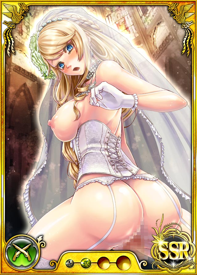 areolae ass back bare_shoulders blonde_hair blue_eyes blush breasts breasts_out bridal_veil bride card_(medium) censored dmm drill_hair earrings female garter_belt garter_straps gloves highres jewelry large_breasts legs lingerie long_hair looking_back mosaic_censoring necklace nipples no_bra no_panties nobunaga_wa_ore_no_yome._hime_bushou_1000-ningiri official_art open_mouth pussy sideboob simple_background solo standing thighhighs thighs trading_cards