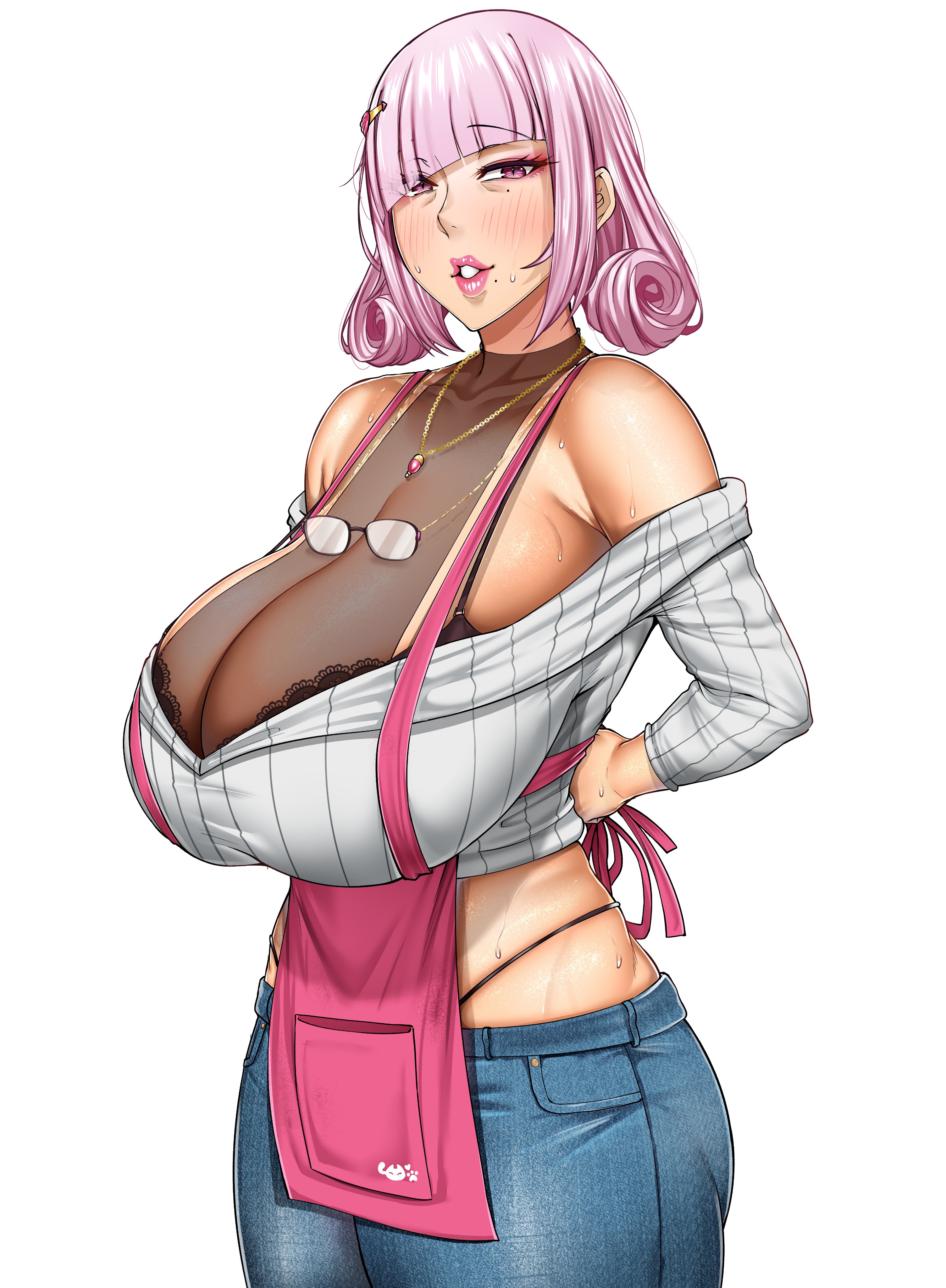 apron, beauty mark, glasses, huge breasts, indie virtual youtuber, jeans, kurameki kyou, large breasts, lips, lipstick, mature, mature body, mature female, mature woman, mole, n0n 001, older female, pink hair, sagging breasts, sweaty, sweaty body, thong, thong straps, tits, virtual youtuber