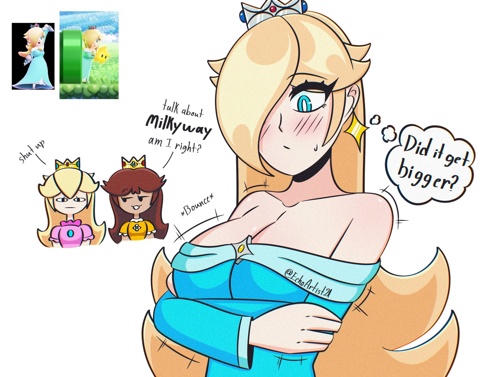 3girls, aqua dress, bare shoulders, big breasts, blonde hair, blue eyes, blush, breasts, brown hair, cleavage, collar, crown, dress, earrings, echoartist21, english text, gloves, hair over one eye, jewelry, lips, long hair, mario (series), multiple girls, princess daisy, princess peach, princess rosalina, racket, sparkle, spikes, super mario bros., super mario bros. wonder, tennis racket, white gloves