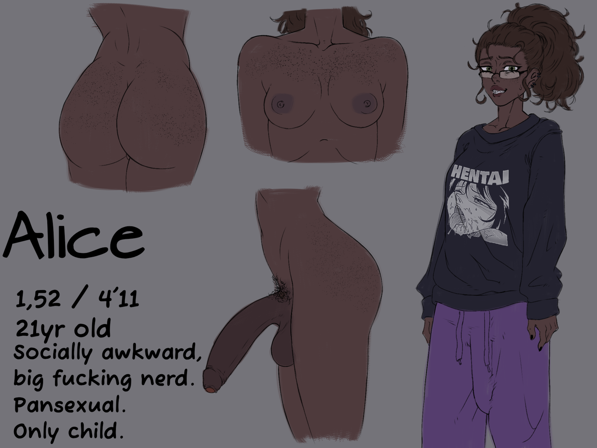 1futa, 1girl, ass, behind view, big penis, black skin, braces, bust, bust portrait, character name, character sheet, chest, clothed, clothing, cock, curly hair, dark skin, dark-skinned futa, dick, dickgirl, dickgirl only, english, english description, english text, freckled face, freckles, freckles on ass, freckles on breasts, freckles on chest, freckles on face, freckles on thighs, futa only, futanari, glasses, glasses on face, hentai, lips, measurements, nerd, nerdy female, nerdy futa, nervous, nervous face, nervous smile, nervous sweat, nipples, nude female, nude futa, original, original art, original artwork, original character, pansexual, pansexual female, pants, penis, ponytail, pubic hair, redstarnsfw, skinny, skinny futa, solo, solo futa, standing, sweater, tagme, tagme (character), text, tied hair, uncensored