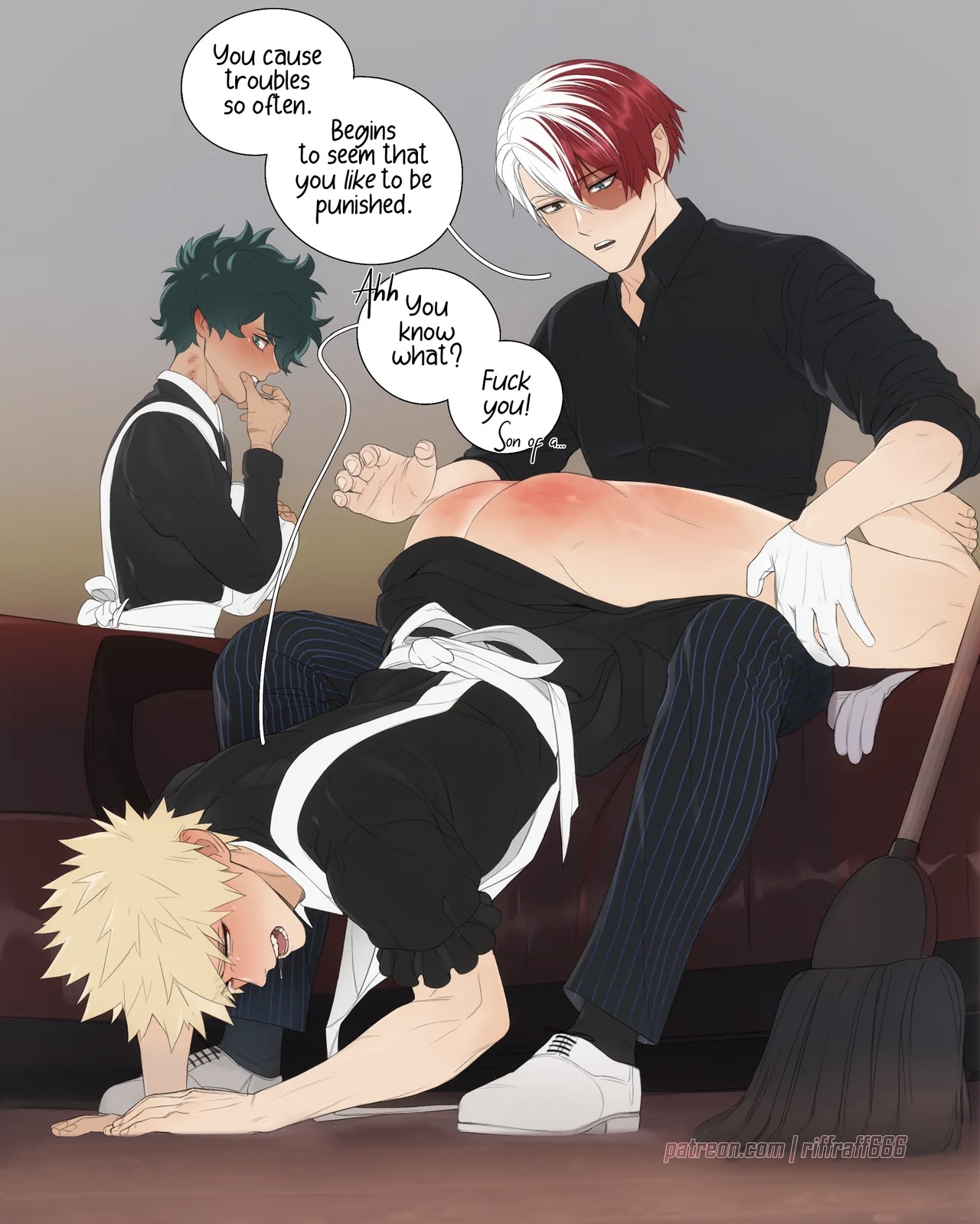 3boys, bakugou katsuki, gay, izuku midoriya, katsuki bakugou, maid, midoriya izuku, my hero academia, riffraff, riffraffhellyea, shouto todoroki, source request, spanking, todoroki shouto, yaoi