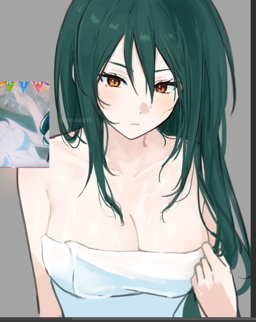 1girl blush breasts brown_eyes cleavage collarbone crusch_karsten green_hair hair_between_eyes highres large_breasts long_hair looking_at_viewer meomeo0303 monochrome_background naked_towel re:zero_kara_hajimeru_isekai_seikatsu solo towel upper_body wet wet_hair