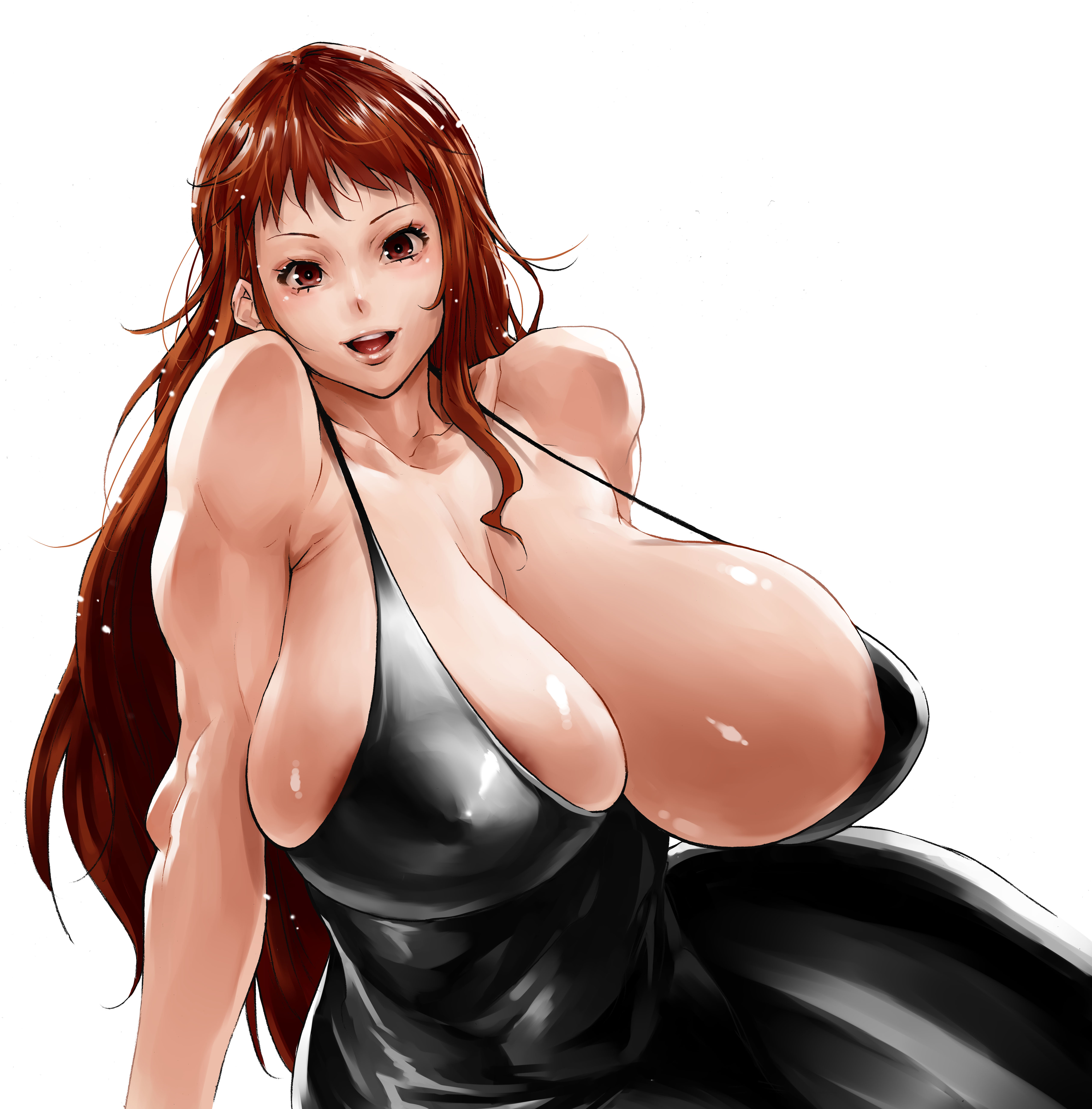 1girl, 1girls, 2026, bare shoulders, bimbo, black dress, black hair, bonten, breasts, brown eyes, cape, censor bar, cleavage, clothing, collarbone, cover, dress, earrings, female, female only, highres, huge breasts, jewelry, large breasts, lips, long hair, looking at viewer, nami (one piece), one piece, open mouth, orange hair, parted lips, post-timeskip, red eyes, smile, tagme, tongue, upper teeth, venus body