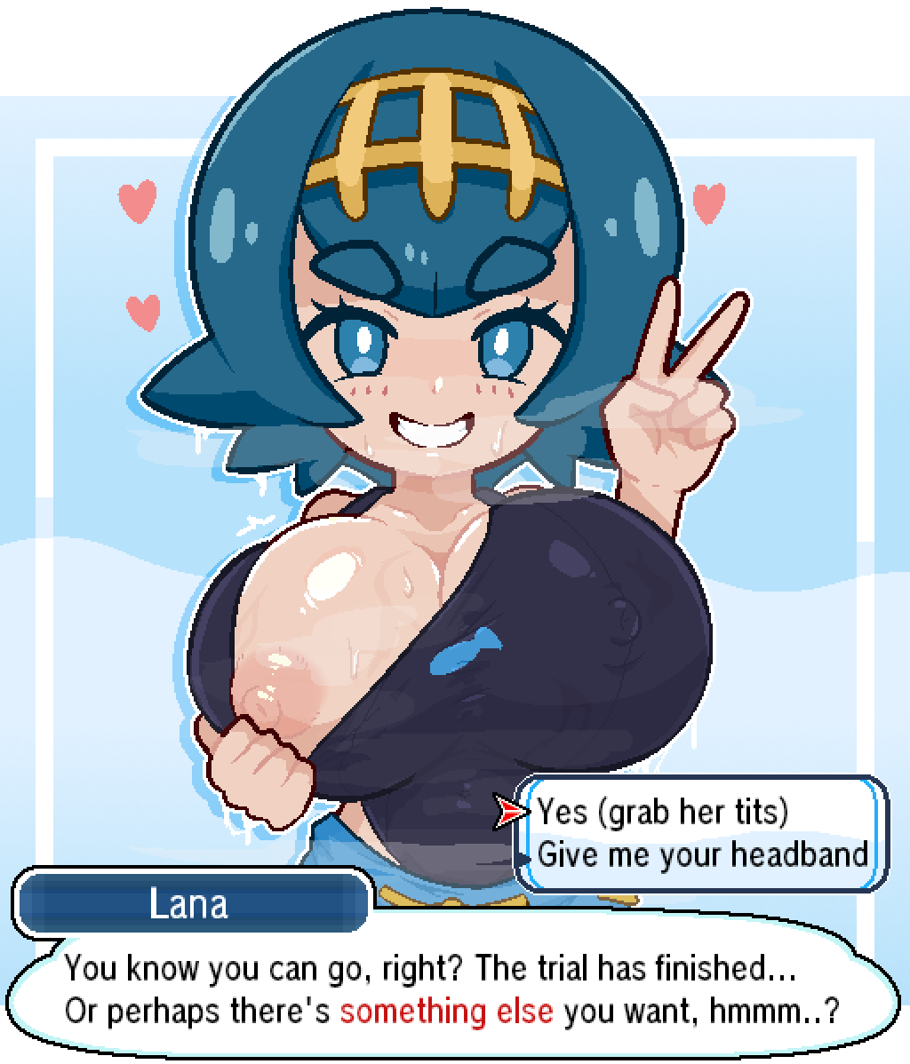 1girls, alternate breast size, amanewitchy, breasts, breasts out, calamity33, english text, female, female only, hearts around head, hyper breasts, lana (pokemon), large breasts, nintendo, nipple bulge, nipples, one breast out, one-piece swimsuit, peace sign, pokemon, pokemon sm, short blue hair, solo, sweat, sweaty, sweaty body, sweaty breasts, swimsuit, teasing, teasing viewer, text, text box, trial captain