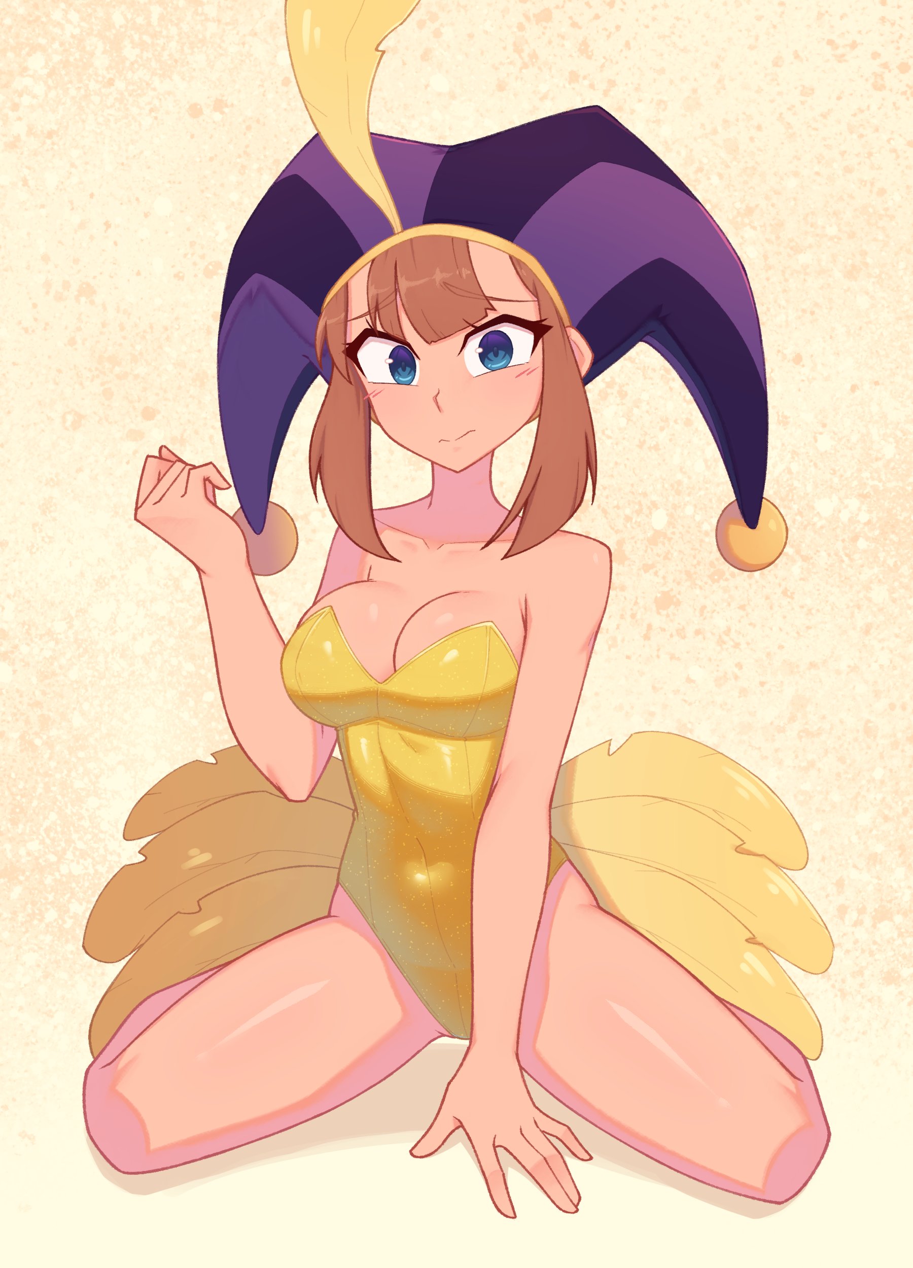 1girl, a hat in time, absurdres, aged up, alternate costume, bare arms, bare shoulders, blue eyes, breasts, brown hair, cleavage, closed mouth, collarbone, colored skin, commentary, covered navel, english commentary, gold leotard, hand up, hat, hat adult, hat kid, highres, jester cap, leotard, looking at viewer, medium breasts, purple hat, shadow, shiny skin, short hair, smile, solo, white skin, xyroni, yellow background, yellow leotard