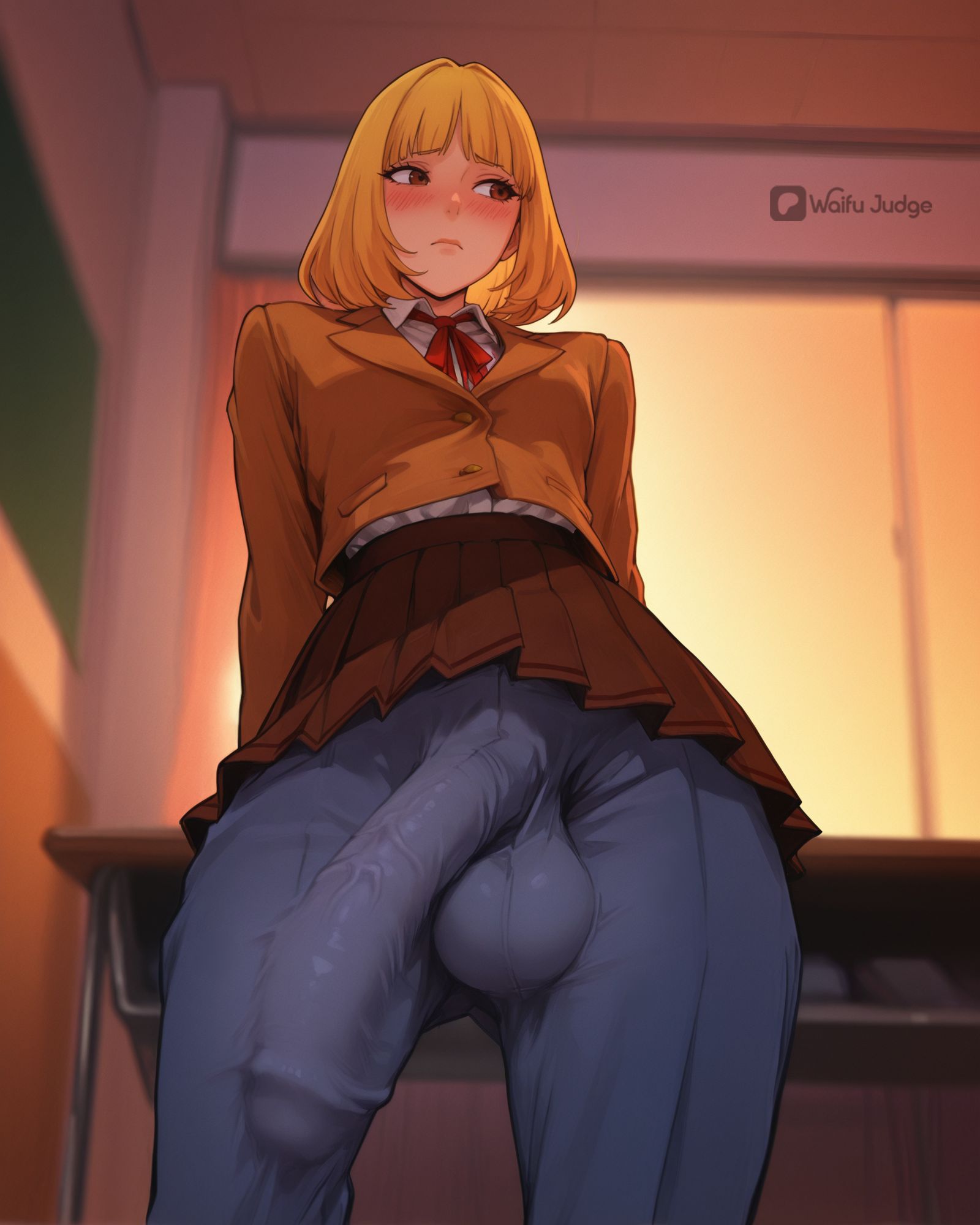 ai assisted, ai generated, bangs, big bulge, blush, blushing, bulge down leg, bulge through clothing, cute, futa focus, futa only, futanari, huge cock, huge penis, imminent fellatio, imminent oral, midorikawa hana, pent up, perfect cock, prison school, school, school uniform, schoolgirl uniform, shy, shy futa, skirt bulge, standing, taker pov, teacher, teacher outfit, throbbing penis, veins on penis, veiny, veiny penis, waifu judge
