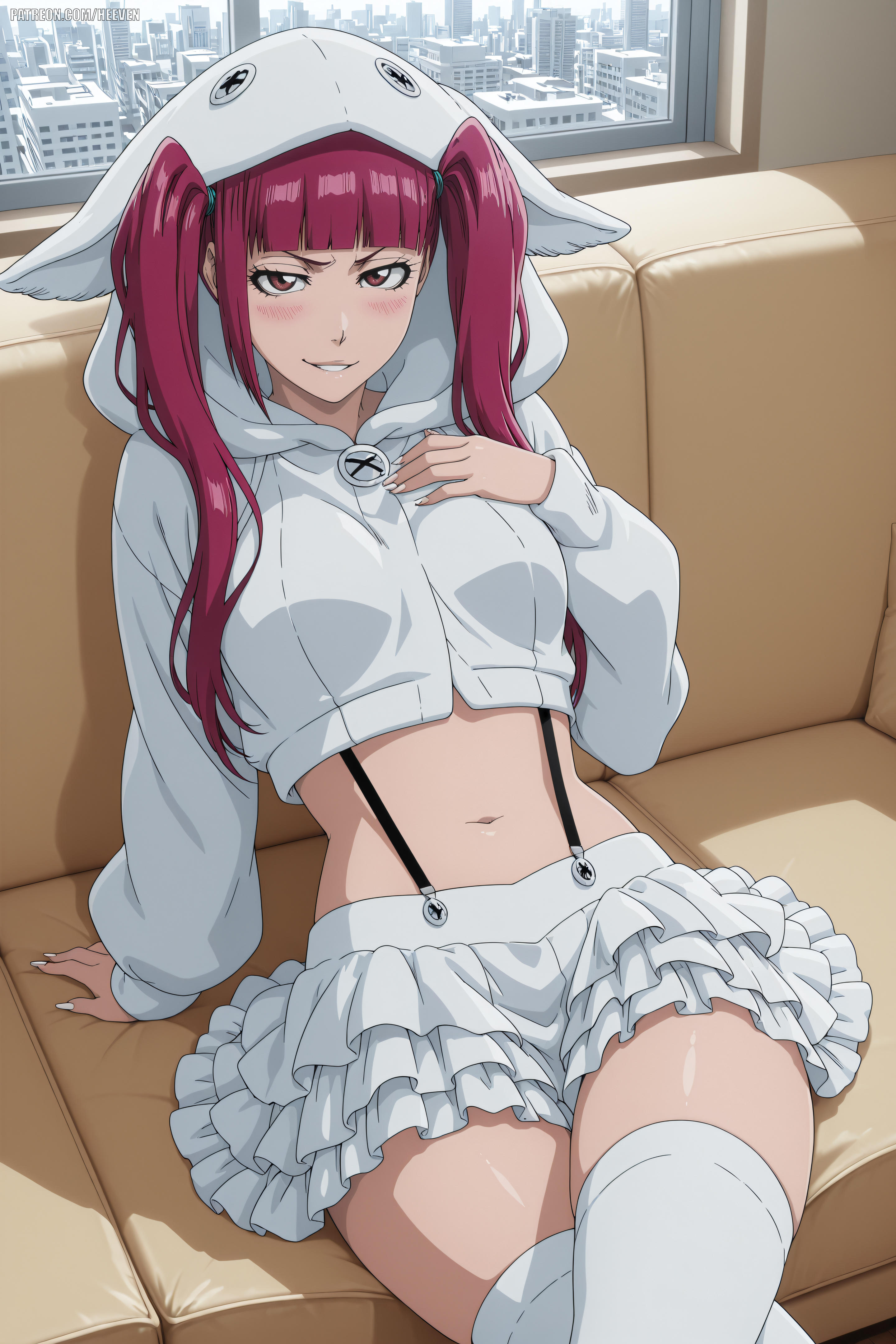 1boy, absurdres, adult, ai assisted, ai generated, big breasts, bleach, bleach: the thousand-year blood war, breasts, couch, couch sitting, dokugamine riruka, female, heeven, highres, male, mature, patreon, patreon username, perfect body, riruka dokugamine, uncensored