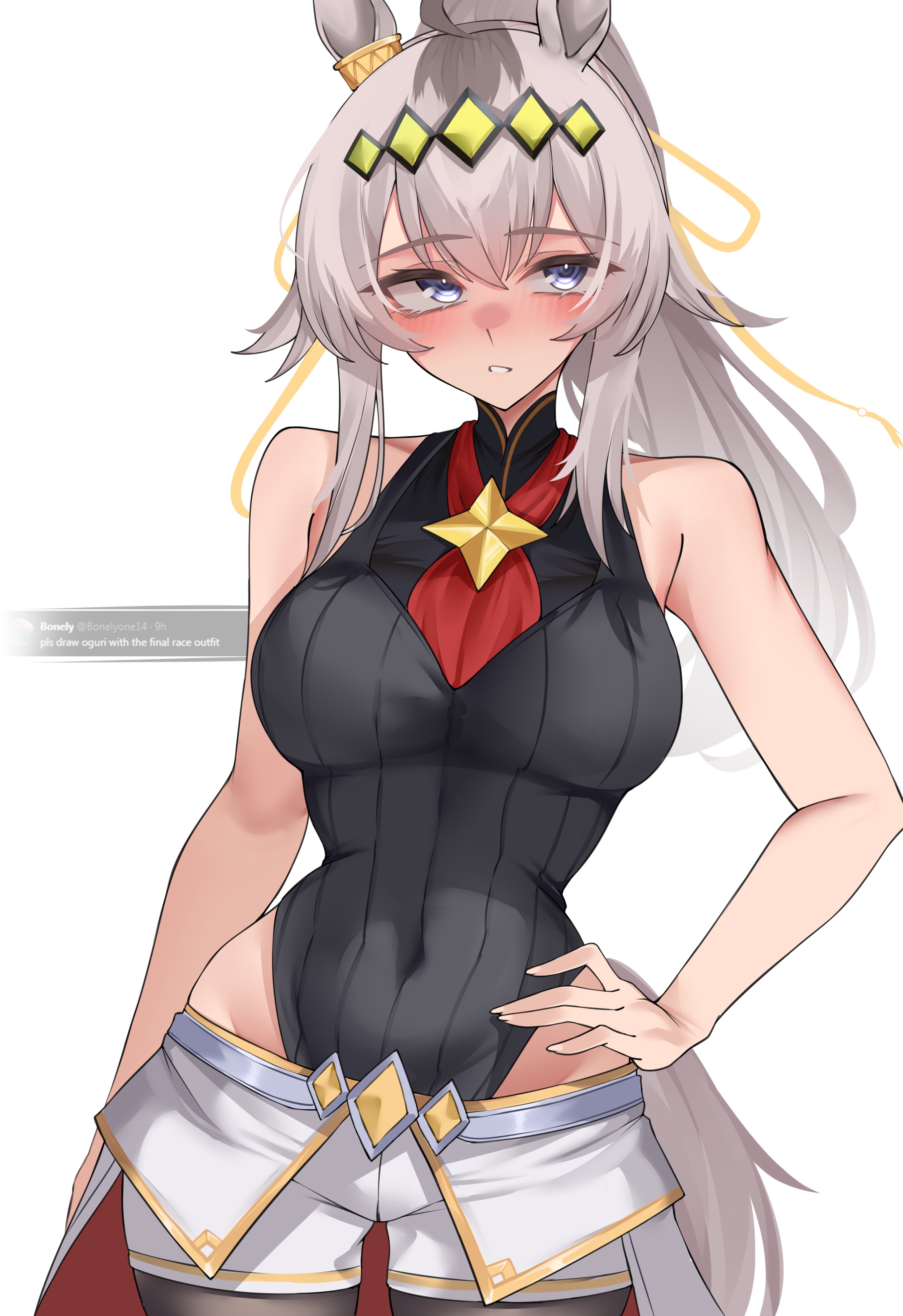 0ha, 1girls, animal ears, blue eyes, bodysuit, fair skinned male, female, female only, long hair, oguri cap (umamusume), shorts, umamusume, umamusume pretty derby