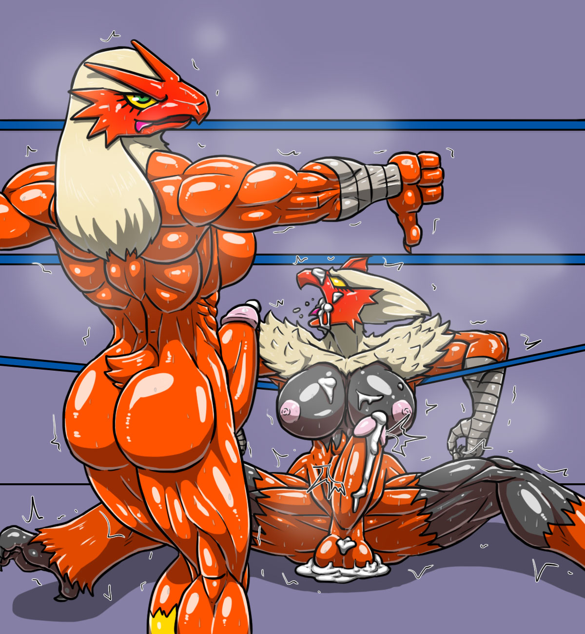 2girls after_sex ahe_gao allesey ass avian beak black_skin blaziken blonde_hair breasts cum dickgirl erection futa_on_futa futanari green_eyes huge_ass huge_breasts intersex large_penis long_hair mega_blaziken motion_lines muscular muscular_futanari muscular_intersex nintendo nude penis pokemon pokemon_(species) pokemon_oras pokemon_rse purple_background red_penis red_skin ring rolling_eyes spread_legs standing sweat testicles thick_penis thick_thighs thumbs_down trembling victory_pose wet wide_hips wrestling_ring yellow_sclera