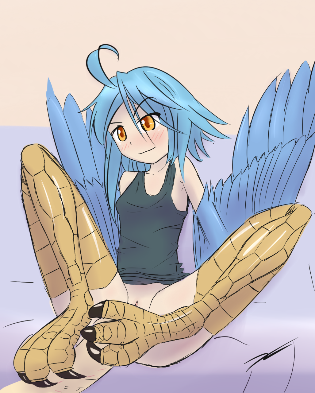 1boy 1girls animal_feet avian blue_hair bottomless breasts clawjob claws clitoris clothed clothing disembodied_penis erection feathers feet female female_focus foot_fetish footjob half-dressed half-human harpy humanoid humanoid_penis kamperkiller_(artist) male mammal monster_musume_no_iru_nichijou papi_(monster_musume) partial_male penis pussy small_breasts smooth_penis solo straight talons vagina wings