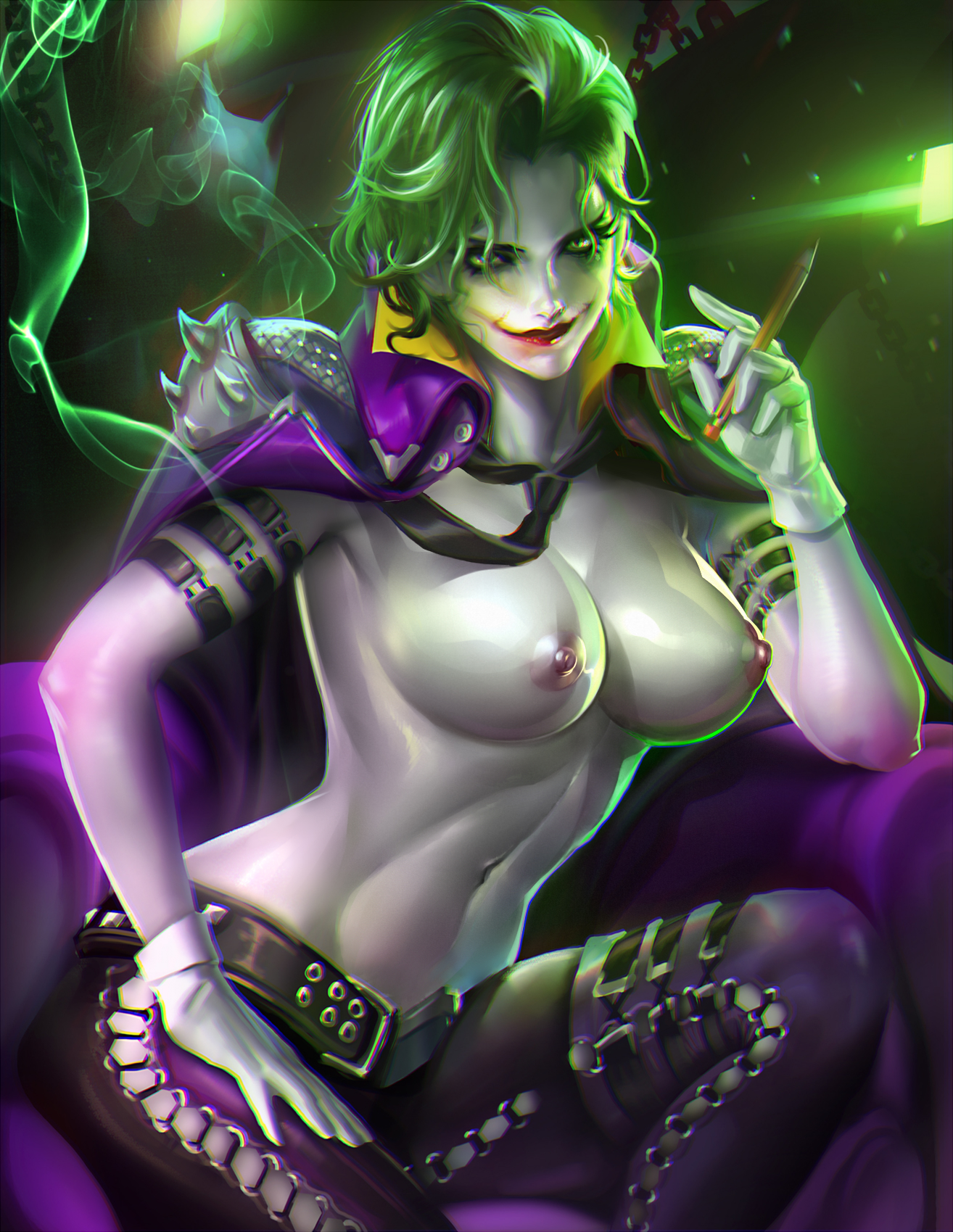 1girls, batman (series), breasts, clown makeup, dc, dc comics, eyeshadow, facepaint, female, gloves, green hair, green light, joker, large breasts, light, lipstick, makeup, navel, necktie, nipples, pale skin, pencil, rule 63, sakimichan, short hair, sitting, smile, smoke, solo, topless