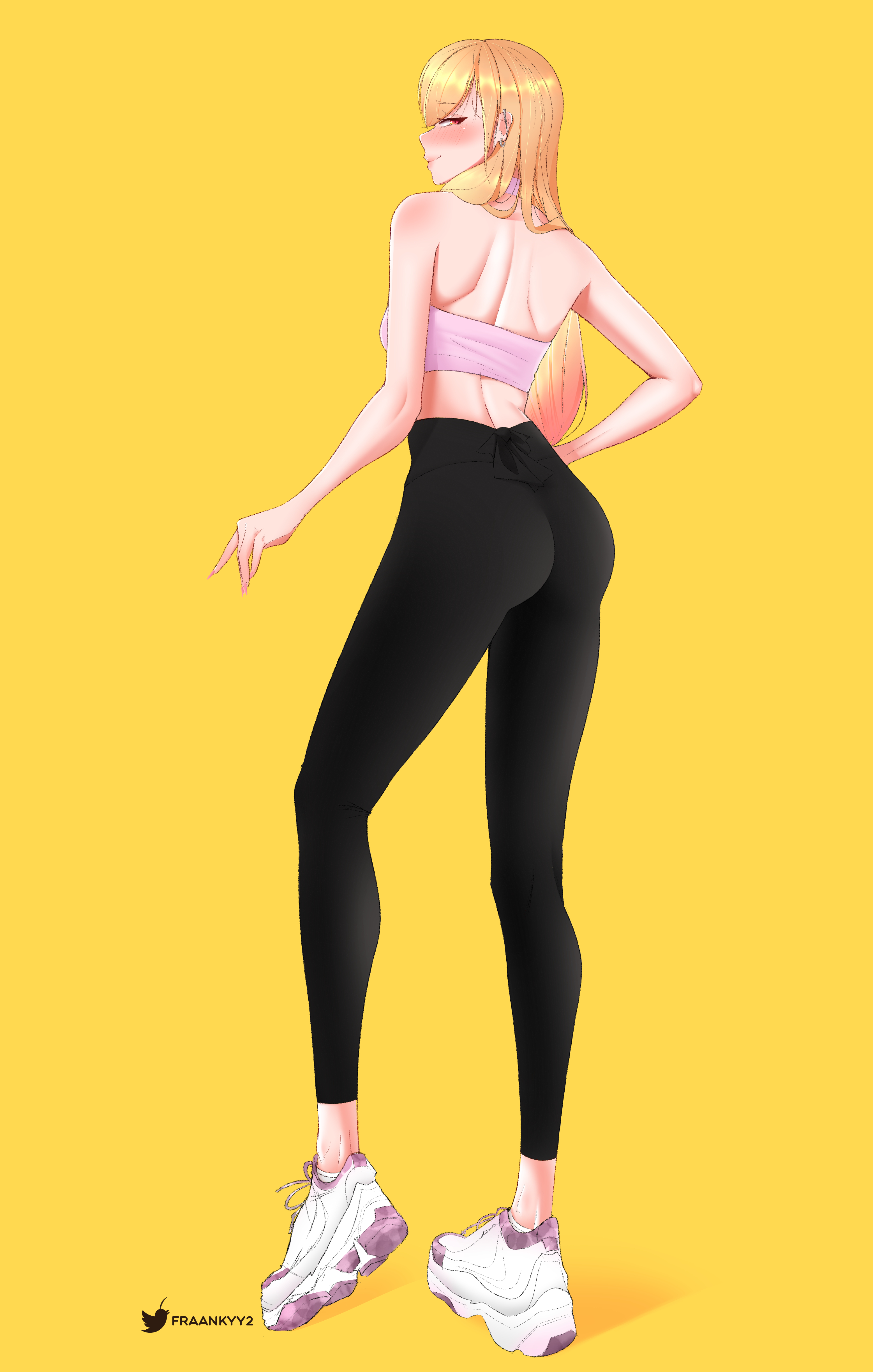 1girls, black pants, blonde hair, blush, bra, clothing, female, female only, footwear, fraankyy, gyaru, hand on hip, high resolution, kitagawa marin, lips, looking at viewer, looking back, pants, shoes, sidelocks, skin tight, skinny, smile, sneakers, solo, sono bisque doll wa koi wo suru, sports bra, sportswear, standing, tall, thick thighs, thighs, tight, tight clothes, tight fit, underwear, very high resolution, white shoes, yoga pants