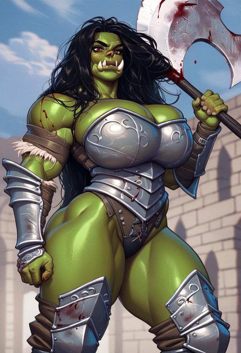 ai_generated armor axe battle_axe black_hair day female green_skin gro-ganna_ur-shaggah huge_breasts muscular muscular_female muscular_thighs orc orc_female outdoors outside red_eyes skimpy_armor solo solo_female thick_thighs verynormalguy