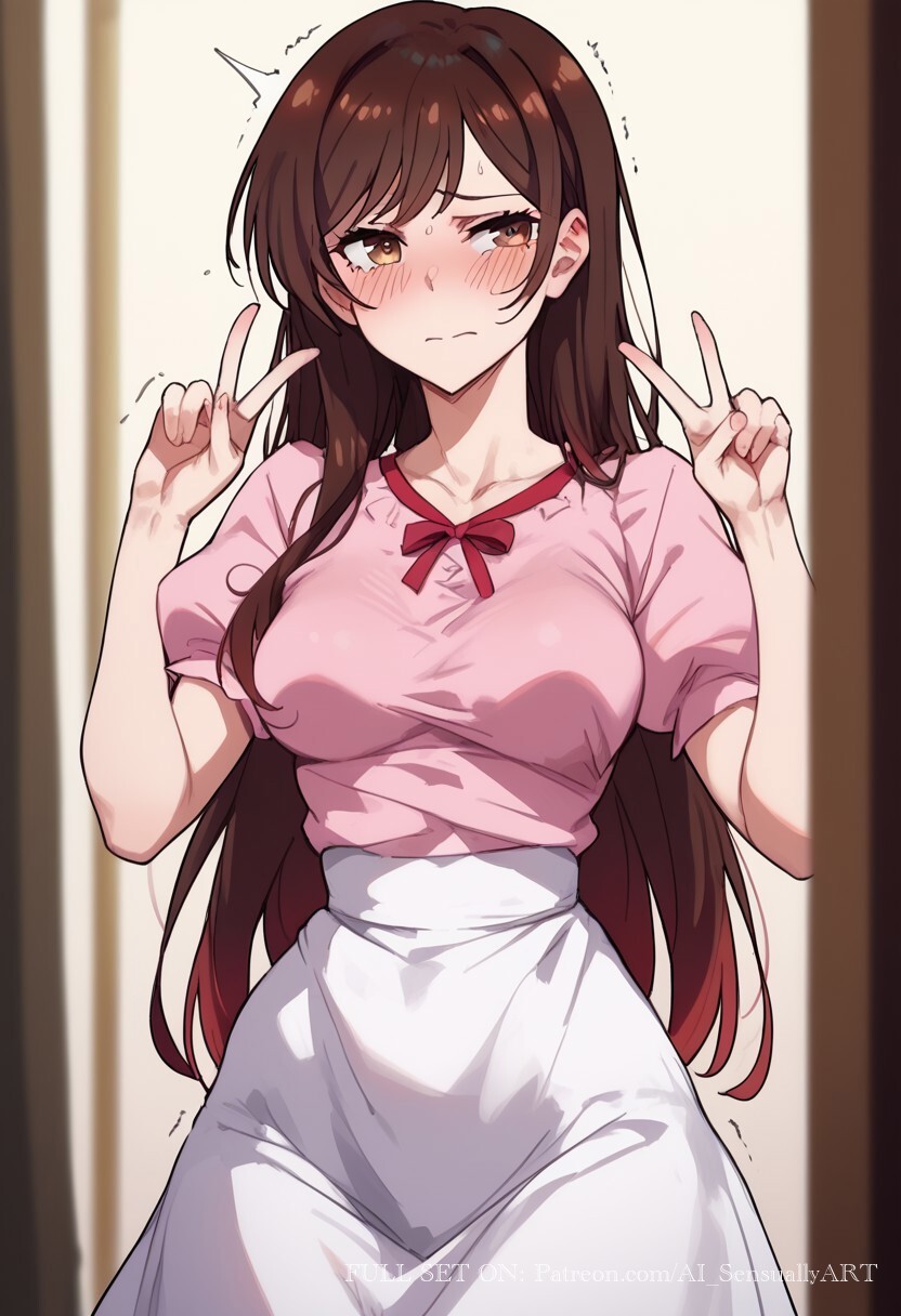 1girls 2d ai_generated ai_sensuality blush brown_hair double_peace_sign kanojo_okarishimasu long_hair mizuhara_chizuru peace_sign pink_shirt shy skirt solo solo_focus