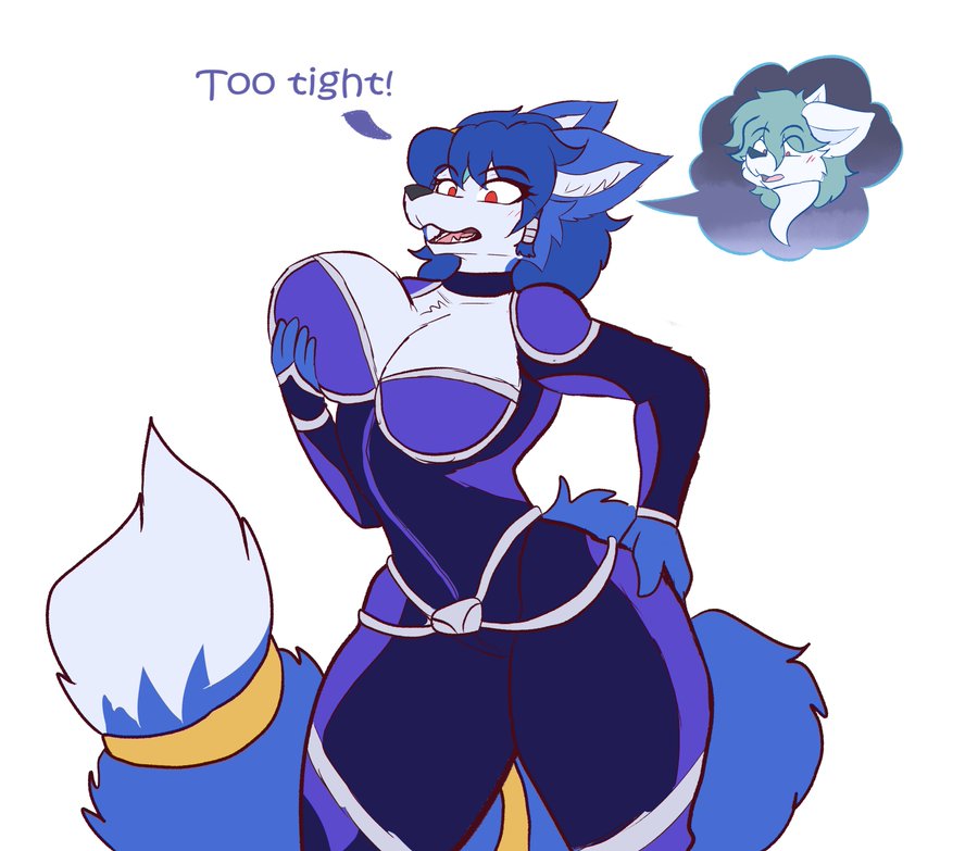 anthro big_breasts big_butt big_tail blue_fur body_swap body_switch bodyswap bubble_butt busty curvy fondling_breast furry genderswap_(mtf) korick17 krystal krystal_(star_fox) red_eyes sole_female spacesuit star_fox text touching_breast