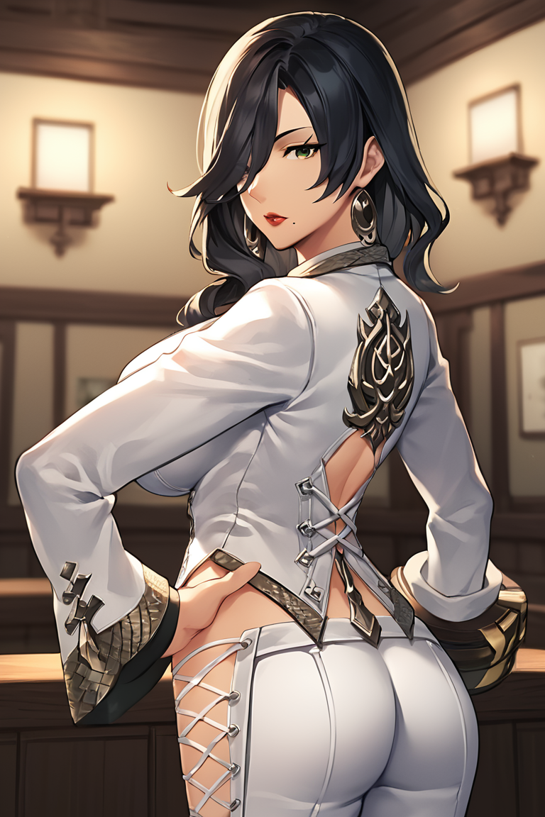 ai_generated amamiya_tsubaki big_ass big_breasts black_hair busty classy curvy_female god_eater mature_female tensor.art white_suit