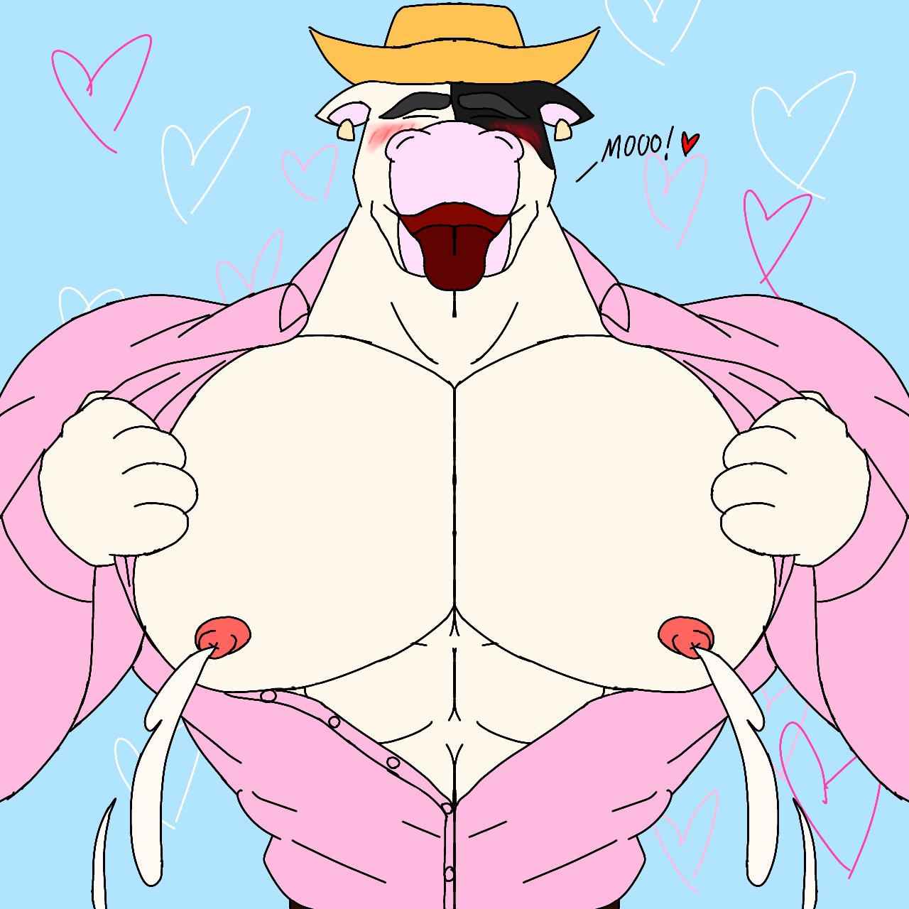 bara bara_furry bara_tiddies bara_tits bara_titties big_breasts big_pecs big_pectorals blush bovine cleavage cowboy_hat ear_tag gioartz giovannibardawulf giovannidrawing heart heart_background joe_(giovannibardawulf) lactating lactating_nipples lactation male_cleavage male_focus milking milking_breasts mooing nipple_milking nipples open_shirt opening_shirt pec_cleavage pecs pectorals pink_shirt presenting_breasts presenting_pecs presenting_pectorals spots spotted_body spotted_fur unbuttoned_shirt