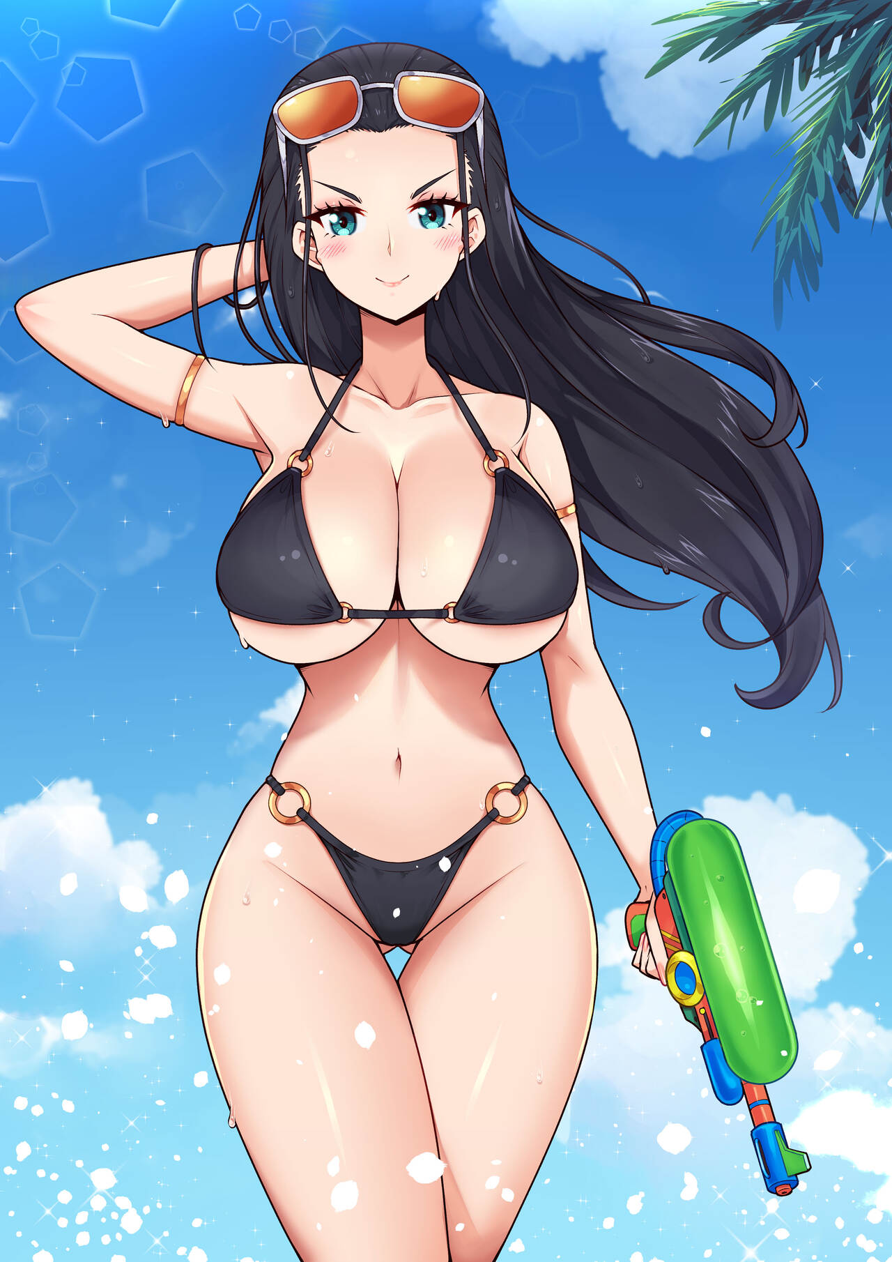 1girls bikini black_hair female female_only long_hair nico_robin one_piece pussy sunglasses tagme virus-g water