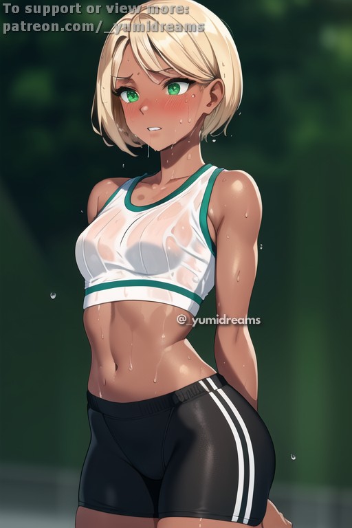 1girls _yumidreams ai_generated athletic athletic_female black_shorts blonde_hair blurry_background blush dark-skinned_female dark_skin green_eyes no_bra original_character outdoors patreon_username short_hair skinny skinny_girl small_breasts solo_female spandex spandex_shorts sweat sweat_fetish sweatdrop teenage_girl teenager tight_clothes tight_clothing transparent_clothing wet_body wet_shirt white_crop_top