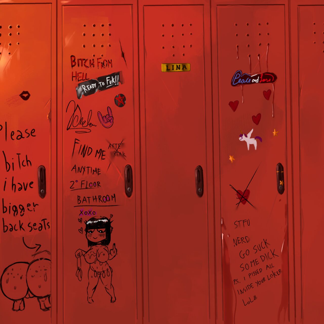 dressing_room graffiti lina_(saltychocolate3) locker locker_room lockers saltychocolate3 school vandalism vandalized