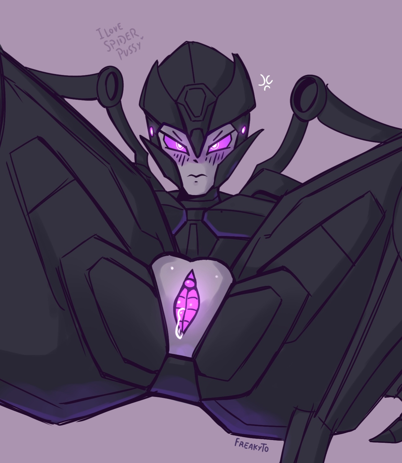 1female, 1girl, 1girls, airachnid, airachnid (one), female, freakyyto, looking at viewer, pissed off, pussy, pussy focus, robot, robot girl, robot pussy, solo, spread legs, transformers, transformers one
