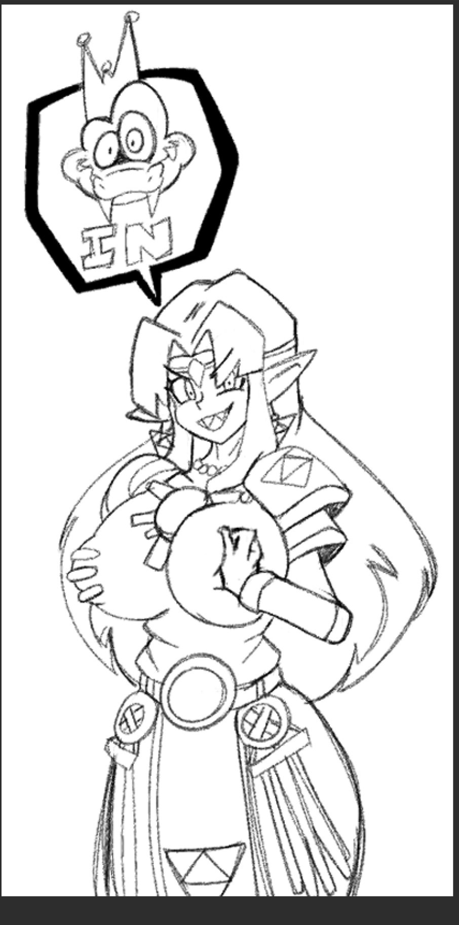 big_breasts black_and_white busty donkey_kong_(series) dress elf_ears evil_grin fondling_breast genderswap_(mtf) king_k._rool mischievous_smile nintendo possessed possession princess princess_zelda sketch sole_female super_smash_bros. super_smash_bros._ultimate the_legend_of_zelda touching_breast zelda_(a_link_between_worlds)