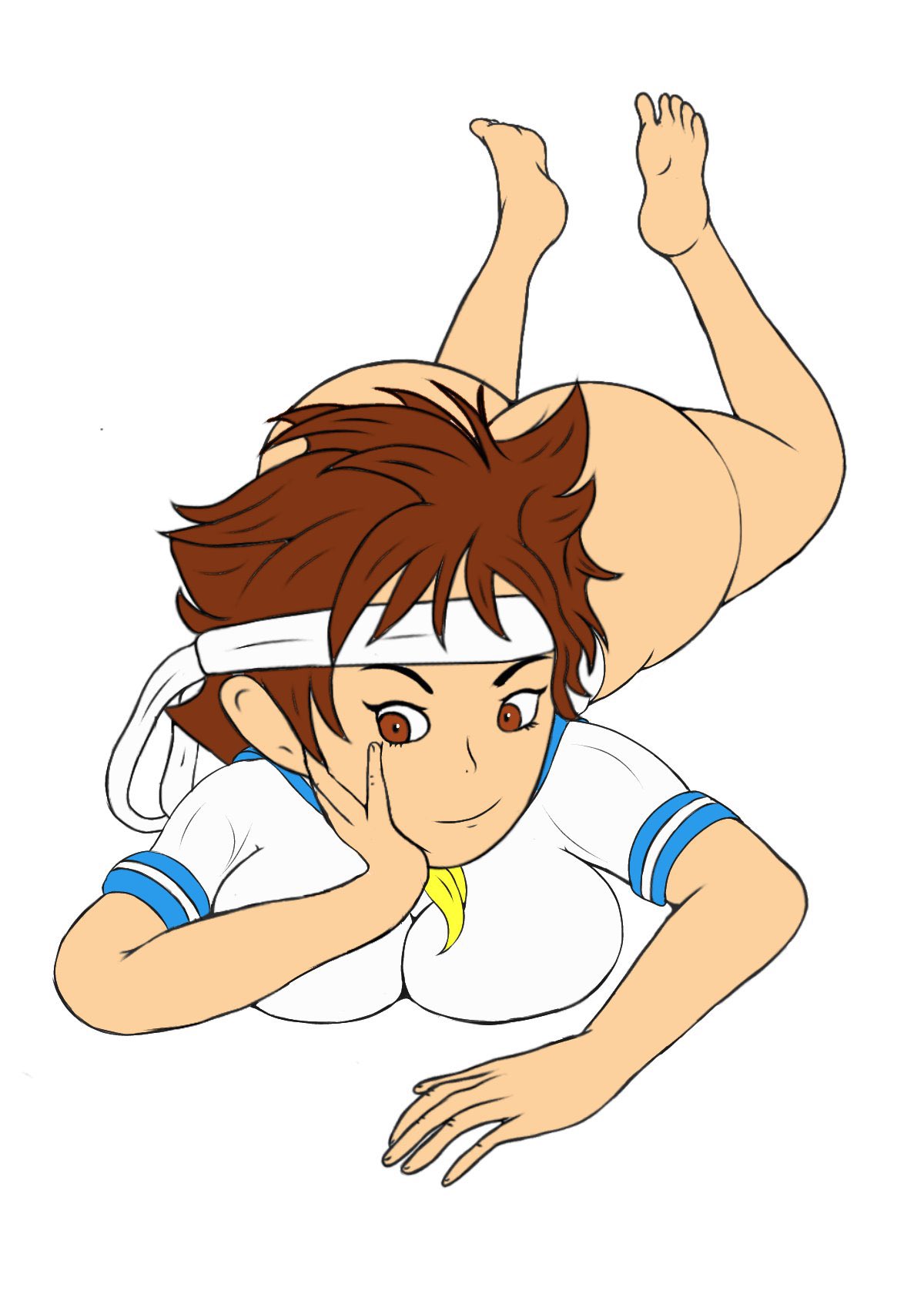 1girls ass big_ass bottomless breasts brown_hair capcom headband hijees huge_ass laying_down laying_on_stomach sakura_kasugano school_uniform schoolgirl street_fighter thick thick_ass thick_thighs tomboy