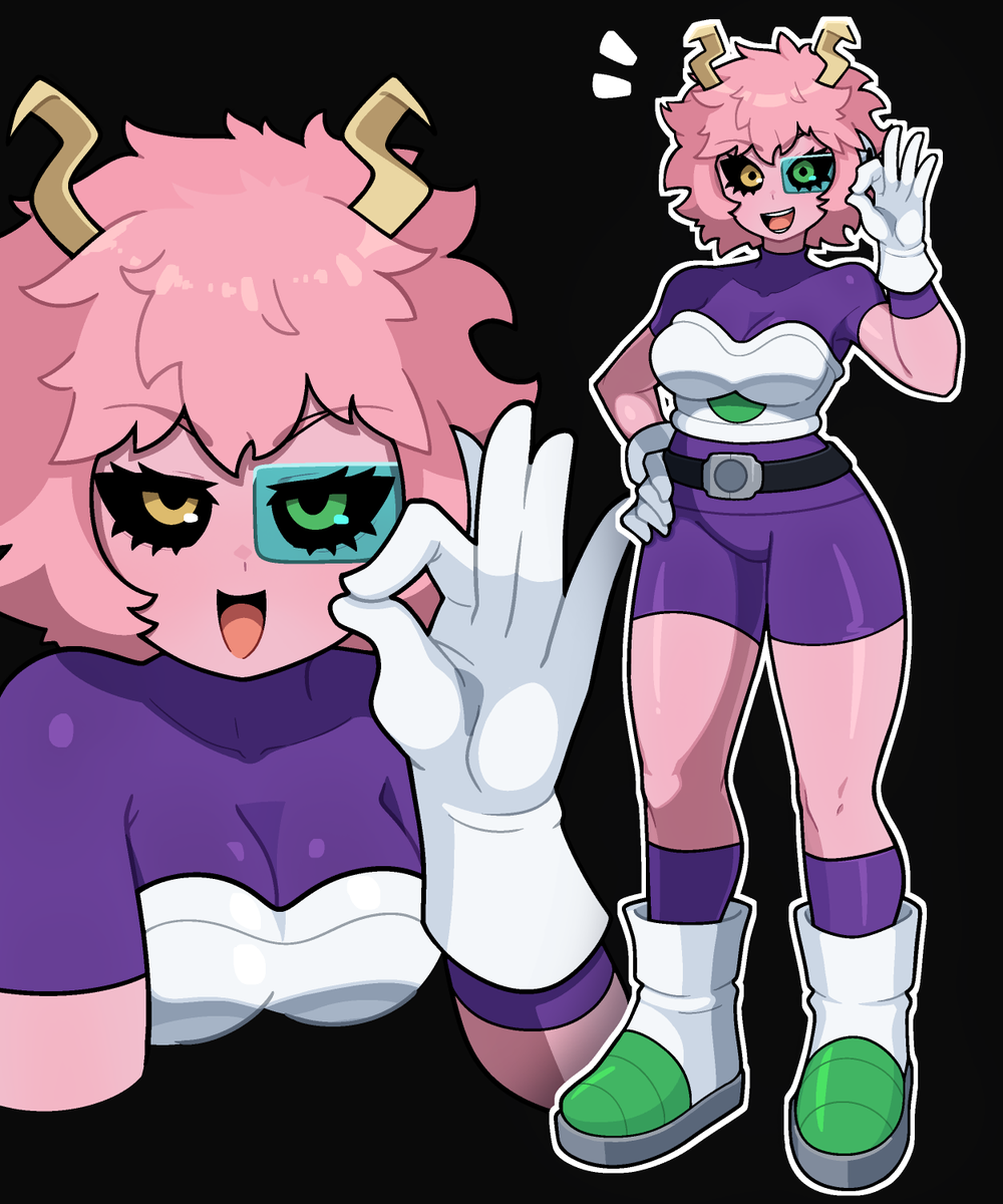 1girls black_background black_sclera boots cheelai_(cosplay) mina_ashido muds my_hero_academia ok_sign only_female orange_eyes pink_body pink_hair pink_skin purple_shorts purple_topwear scouter short_hair smile smile_at_viewer solo_female solo_focus tinted_eyewear white_gloves