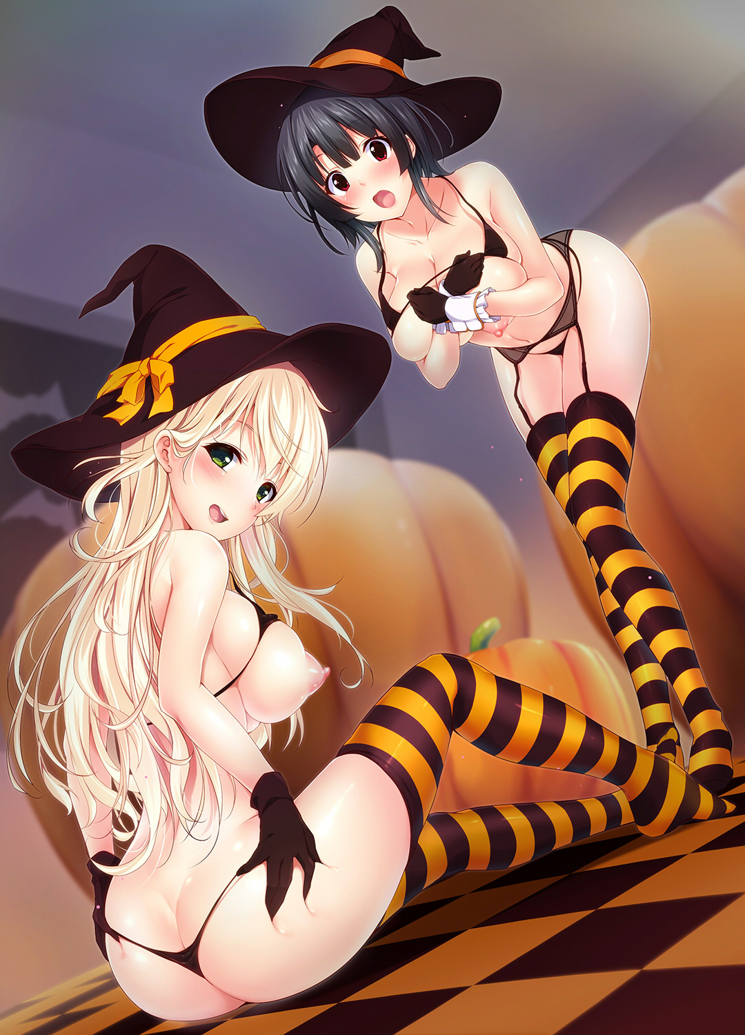 :d, 2girls, ass, ass cleavage, ass crack, ass grab, atago (kantai collection), bikini, black bikini, black gloves, black hair, blonde hair, blush, breasts, butt crack, checkered, checkered floor, curvy, female, garter belt, garter straps, gloves, grabbing own ass, green eyes, halloween, hat, hat ribbon, highres, huge ass, huge breasts, kantai collection, large breasts, long hair, looking at viewer, micro bikini, multiple females, multiple girls, navel, nipples, nironiro, open mouth, orange legwear, pumpkin, red eyes, ribbon, short hair, sitting, smile, standing, striped, striped legwear, swimsuit, takao (kantai collection), thighhighs, thong, thong bikini, wide hips, witch, witch hat