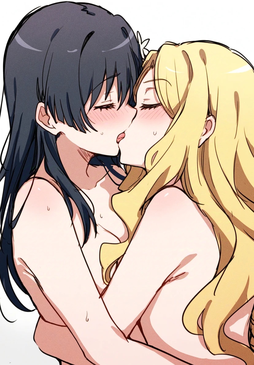 ai_generated bare_arms bare_shoulders black_hair blonde_hair blush body_blush breasts collarbone completely_nude eyes_closed flower_in_hair frenda_seivelun hugging karen02643 kissing long_hair medium_breasts nude saten_ruiko shiny_skin sweat sweaty_body to_aru_kagaku_no_railgun to_aru_majutsu_no_index tongue tongue_kiss tongue_out yuri