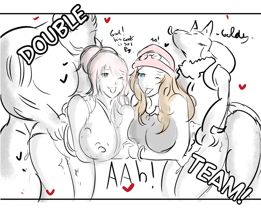 2girls all_fours bent_over doggy_style from_behind interspecies lucario machoke male_pokemon/female_human multiple_girls original_character pokemon pokephilia red_hair serena_(pokemon) sex