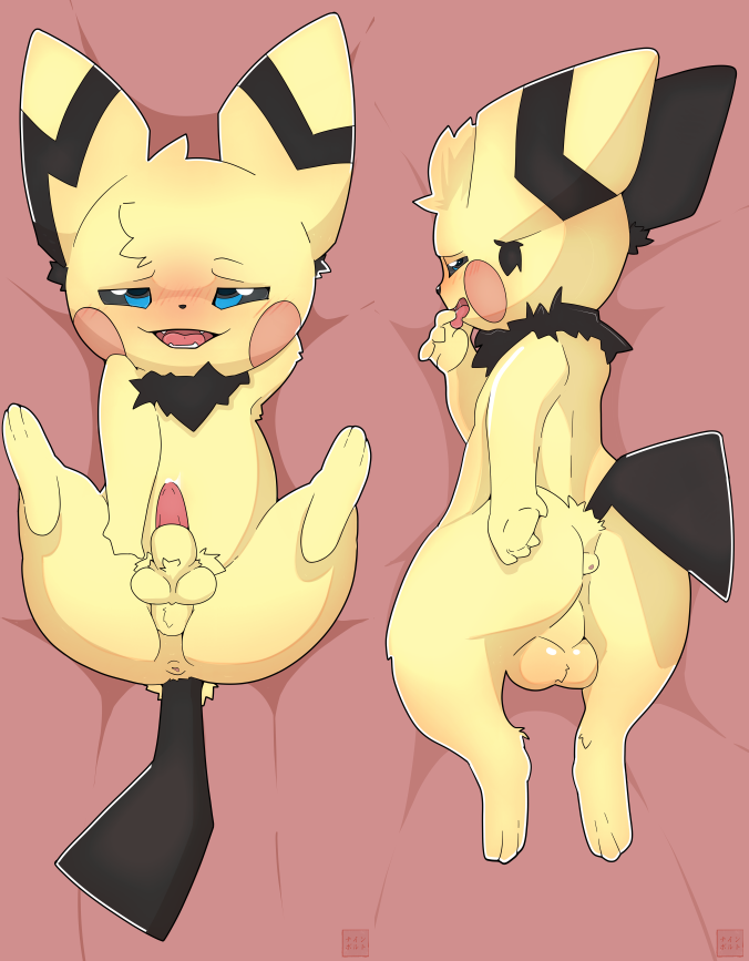 2023 animal_genitalia anthro anus ass balls bed black_body black_ears black_fur black_sclera black_tail blue_eyes blush blush_lines cheek_markings circle_(marking) dakimakura dakimakura_design digital_drawing_(artwork) digital_media_(artwork) ear_markings erection facial_markings fur furniture generation_2_pokemon genitals head_markings male markings multicolored_body multicolored_ears multicolored_fur nine-volt_(talentlesshack) nintendo on_bed open_mouth paws penis pichu pokemon pokemon_(species) presenting presenting_hindquarters presenting_penis red_cheeks sheath solo spread_legs spreading tail talentlesshack tongue tongue_out two_tone_body two_tone_ears two_tone_fur yellow_balls yellow_body yellow_ears yellow_fur yellow_sheath