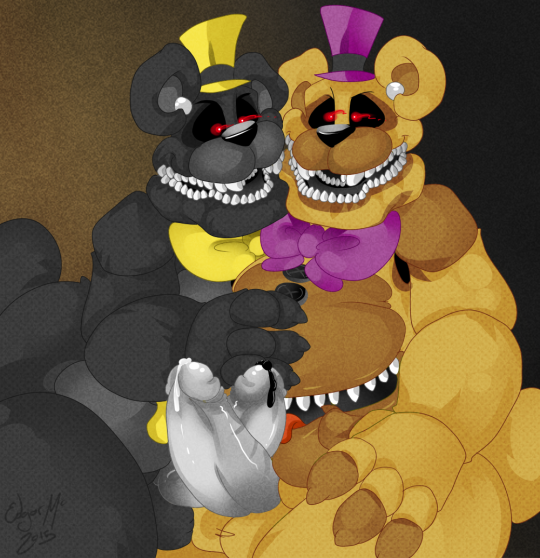 animatronic anthro balls bear bow claws cum cum_on_penis erection five_nights_at_freddy's five_nights_at_freddy's_4 frots hat headgear machine male male_only mammal nightmare_(fnaf) nightmare_fredbear_(fnaf) oil open_mouth orgasm penis robot sharp_teeth smile teeth video_games yaoi