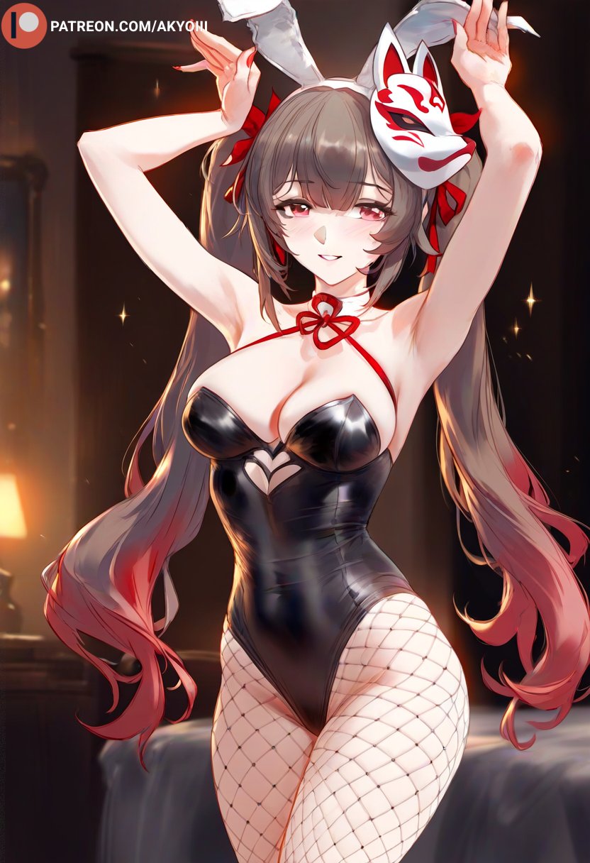 1girls ai_generated akyoi animal_ears bedroom blush breasts brown_hair bunny_ears female honkai:_star_rail honkai_(series) hoyoverse leotard light-skinned_female light_skin long_hair looking_at_viewer mask mask_on_head medium_breasts nails patreon purple_eyes red_nails ribbon smile solo solo_female sparkle_(honkai:_star_rail) thighs twintails