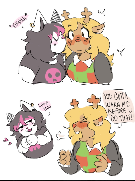 2girls :3 aged_up anthro anthropomorphic blushing_female catti_(deltarune) chubby clothed deer deltarune deltarune_chapter_2 dont_forget_to_smile dykes emo faggot feline gays interspecies kiss_on_cheek kitty lightener love_you lovey_dovey mad monster no_sex noelle_(deltarune) noelle_holiday white_background wholesome yuri