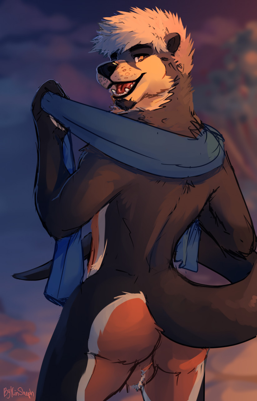 anthro ass backsack balls genitals hi_res kinsheph looking_at_viewer looking_back looking_back_at_viewer male mammal mustelid open_mouth open_smile otter raised_tail rear_view smile solo tail