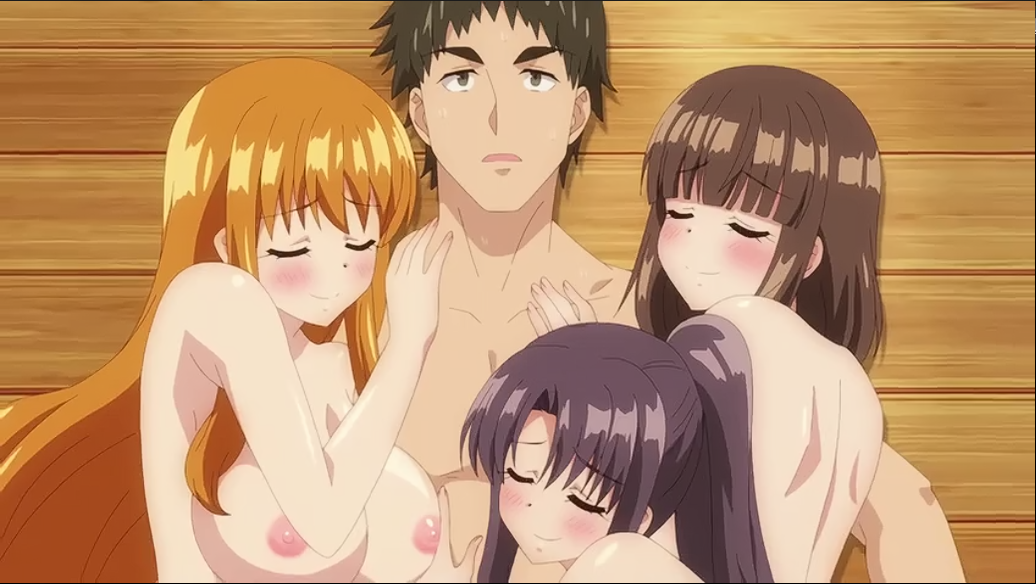 1boy 1boy3girls 3girls after_sex aki_minami blush breasts closed_eyes closed_mouth dark_blue_hair harem_camp large_breasts long_hair long_orange_hair male/female multiple_girls naked naked_female natsuki_kitamura nipples nude_female nude_male nude_male_nude_female open_eyes open_mouth orange_hair saionji_touko_(harem_camp!) schoolgirl screencap short_brown_hair short_hair tagme yamamichi_kensuke